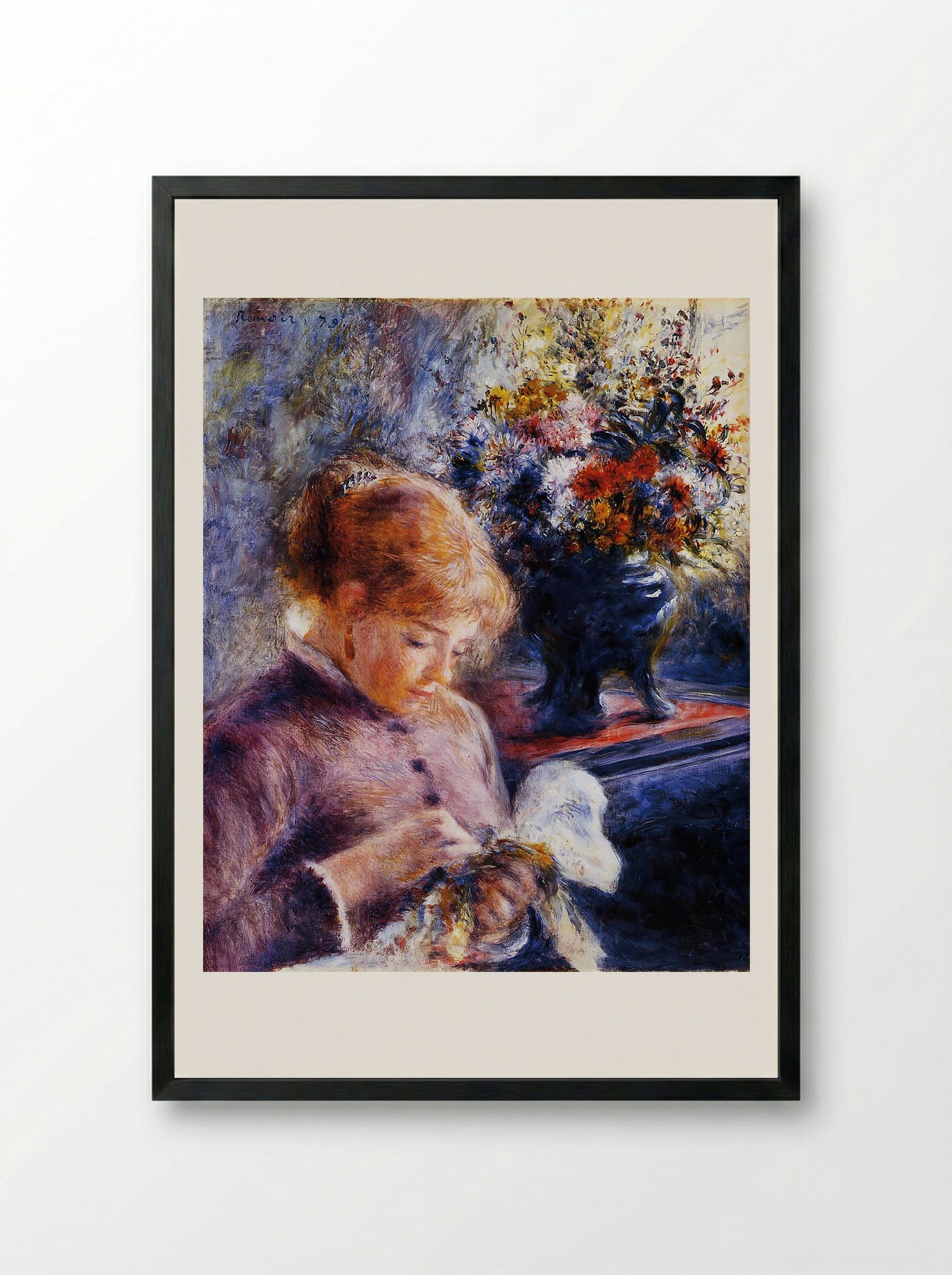 Young Woman Sewing - Pierre-Auguste Renoir - Framed Print Black