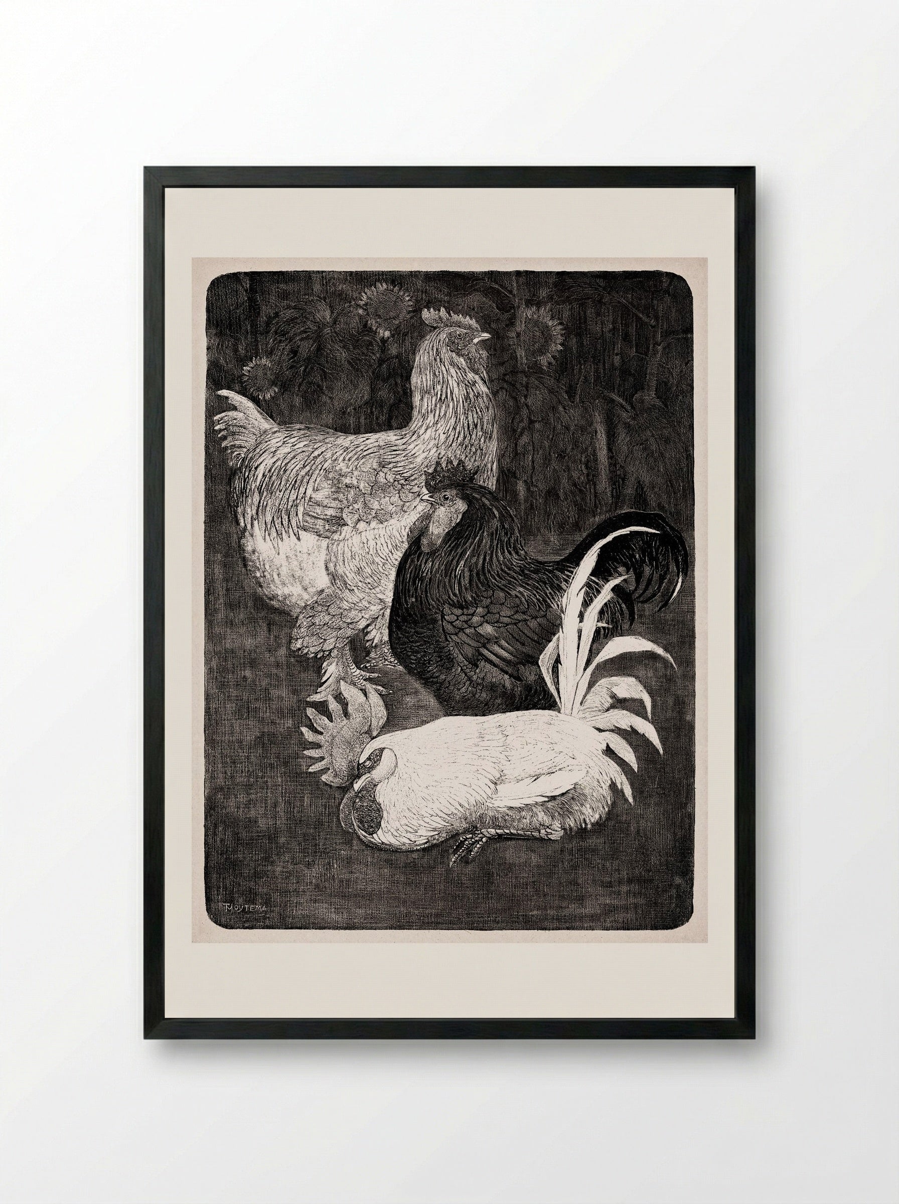 Drie Hanen (Three Roosters) - Theo van Hoytema - Framed Print Black