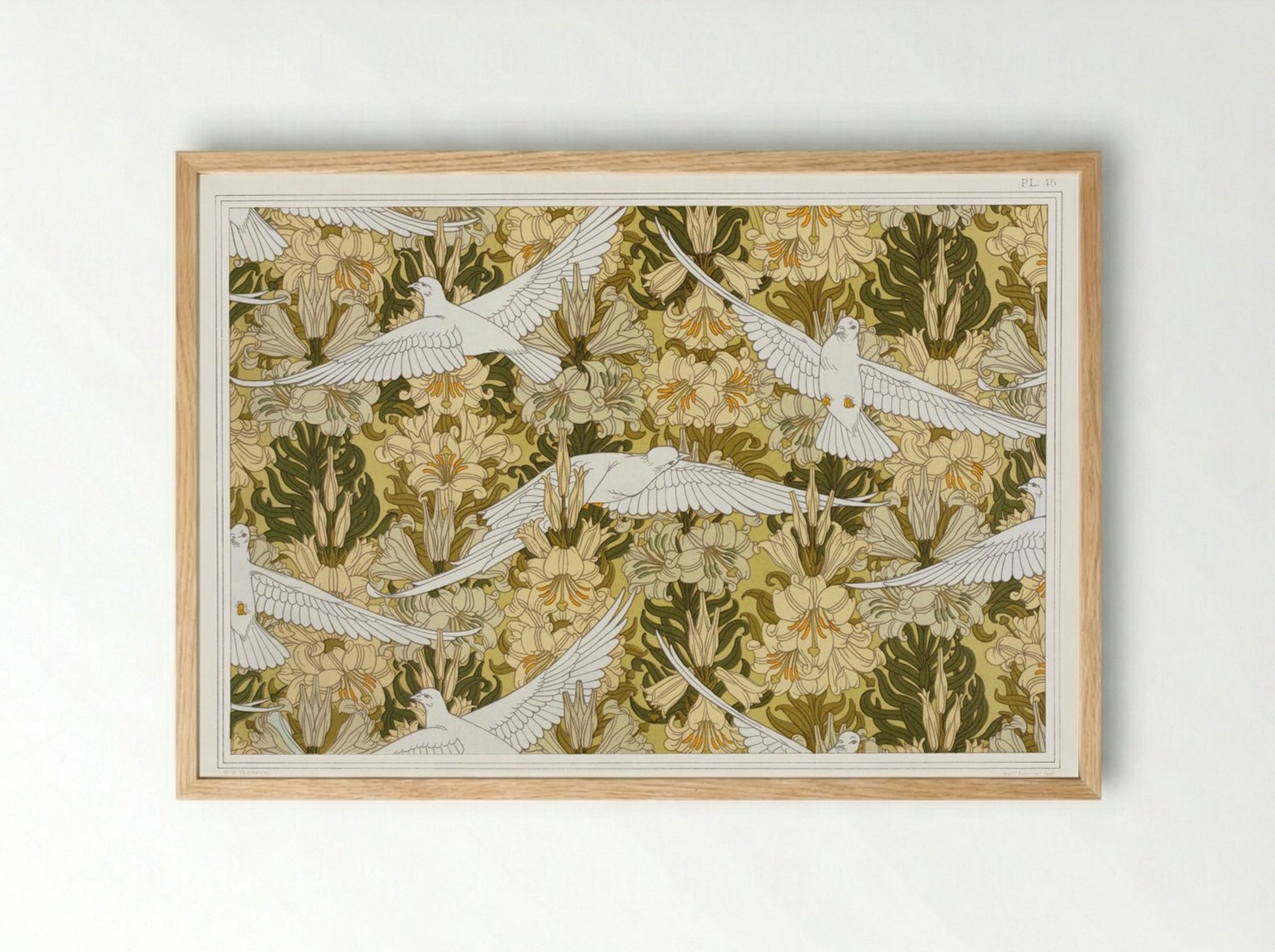 Colombes et Lis, Étoffe Imprimée (Doves and Lilies, Printed Fabric) - Maurice Pillard Verneuil - Framed Print Wood