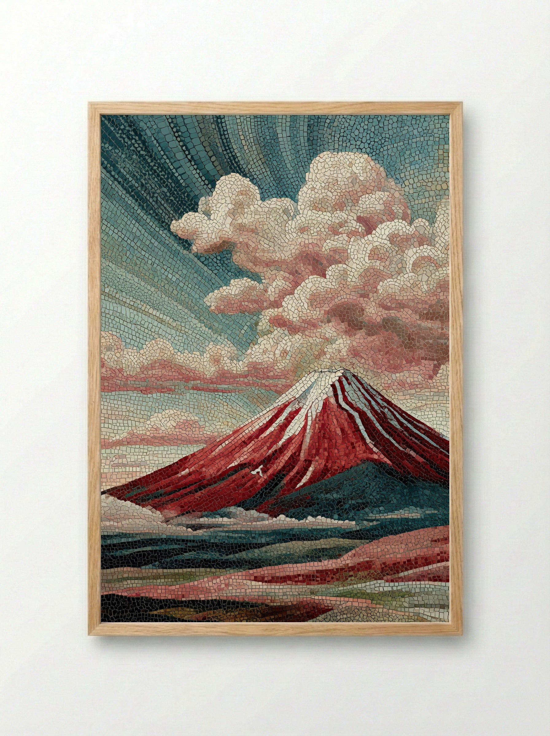 Red Fuji in Autumn - Japanese Mosaic Print - Framed Print Wood