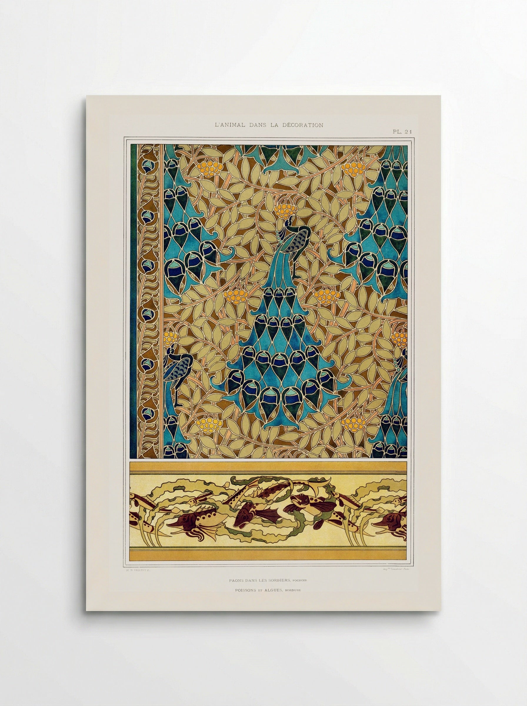 Paons dans les sorbiers, Pochoir; Poissons et algues, Bordure - Maurice Pillard Verneuil - Poster
