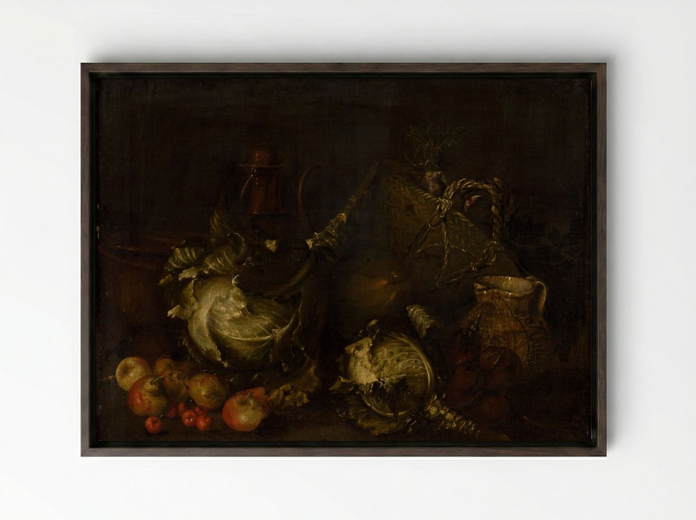 Still Life with Vegetables and Fruit - Fine Art Print - Framed Canvas Dark Wood