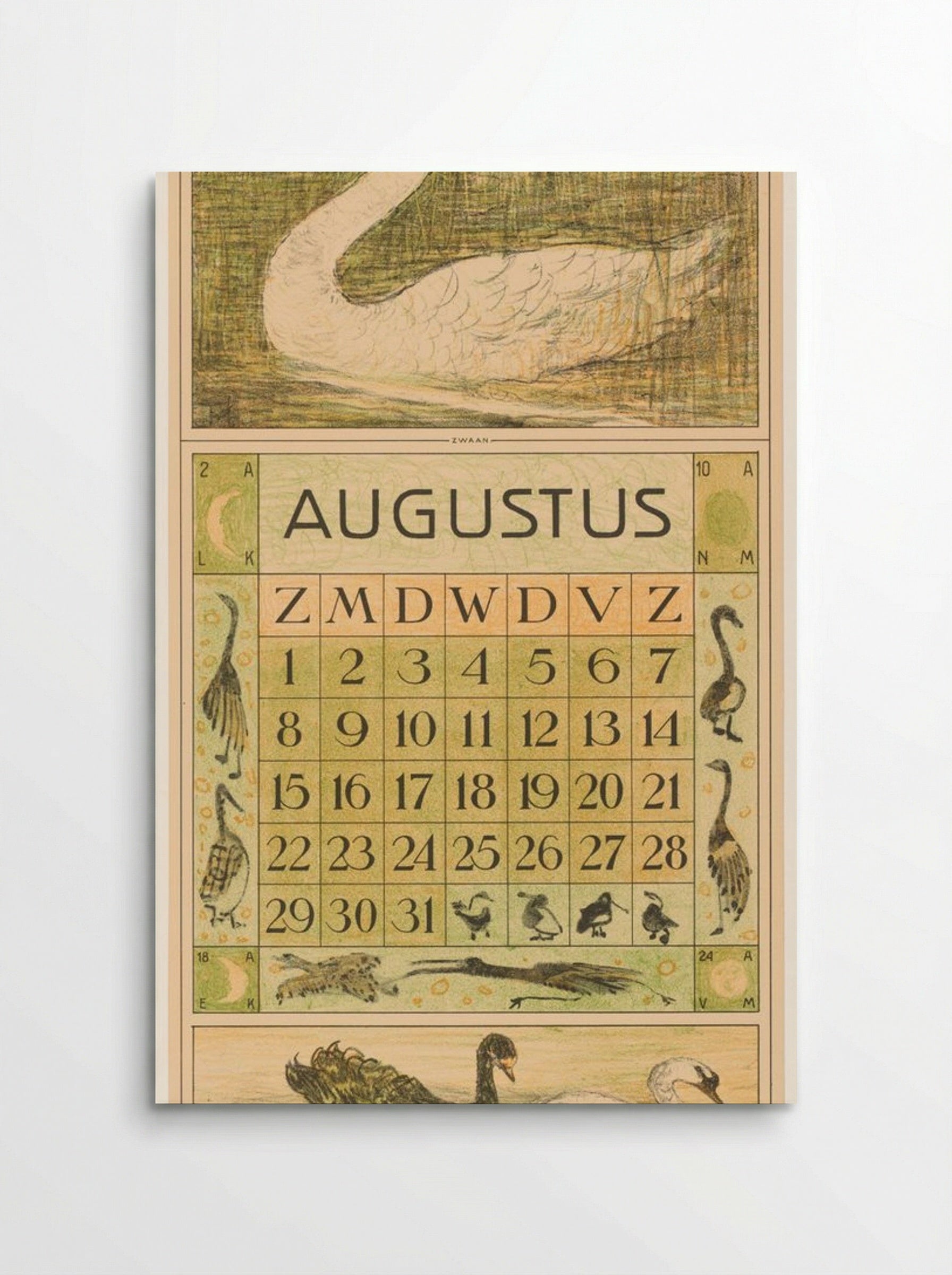 Kalenderblad Augustus met Zwaan - Theo van Hoytema - Poster