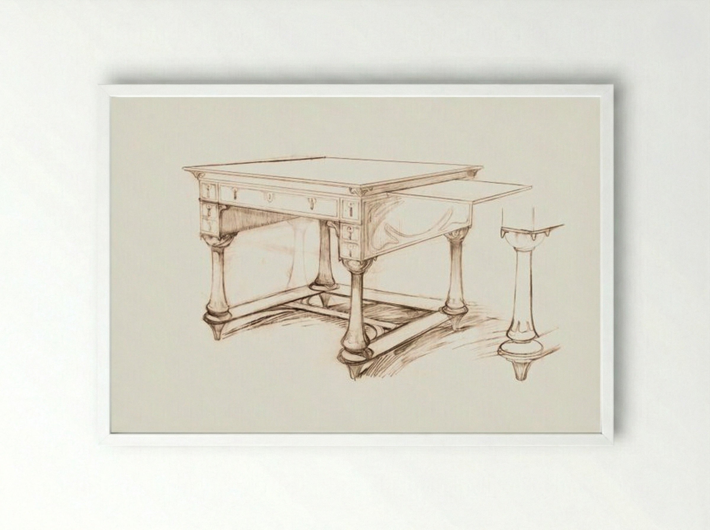 Project of an Office Table - Alphonse Mucha - Framed Print White