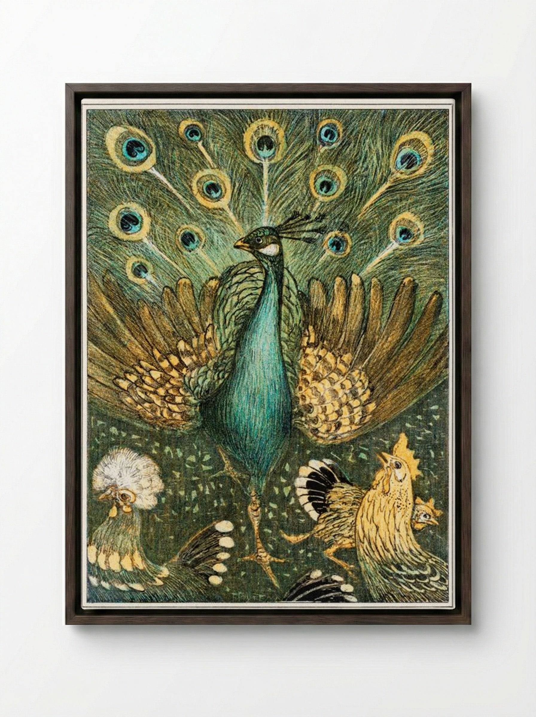 Peacock with Chickens - Theo van Hoytema - Framed Canvas Dark Wood