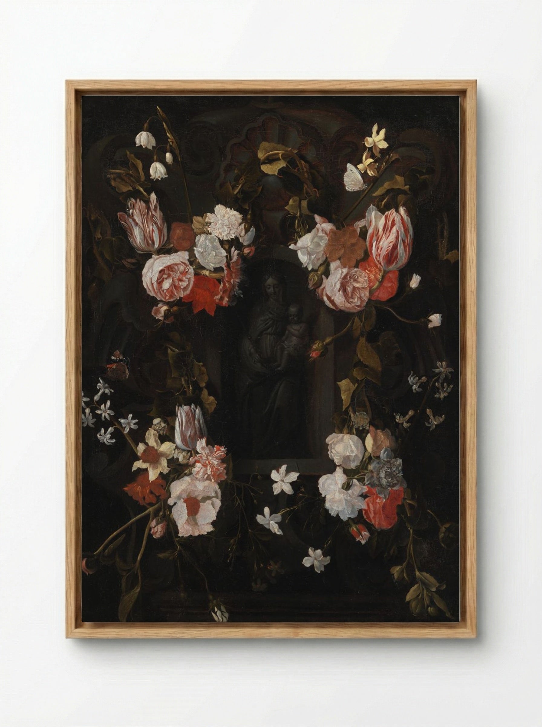 A Flower-Wreathed Niche with a Stone Figure of the Madonna - Fine Art Print - Framed Canvas Wood