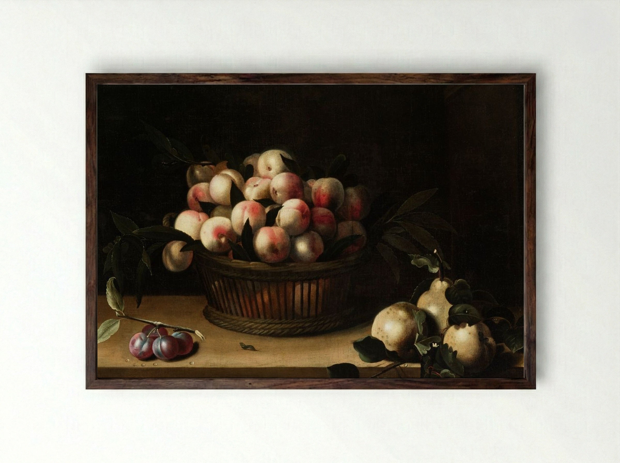 Basket of Peaches with Quinces and Plums - Louise Moillon - Framed Print Dark Wood