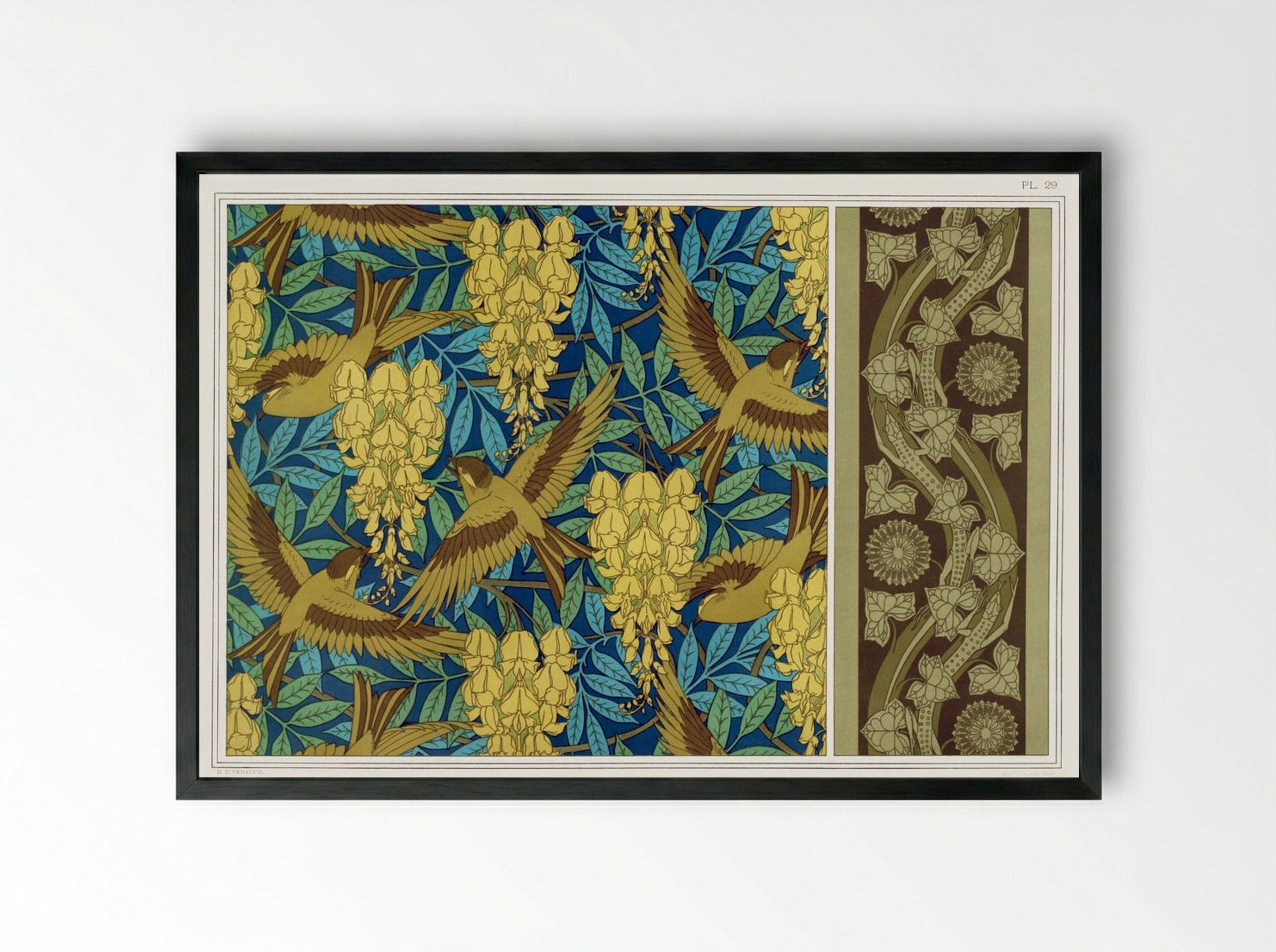 Oiseaux et Glycines, Tenture; Lézards et Lierre, Bordure - Maurice Pillard Verneuil - Framed Print Black