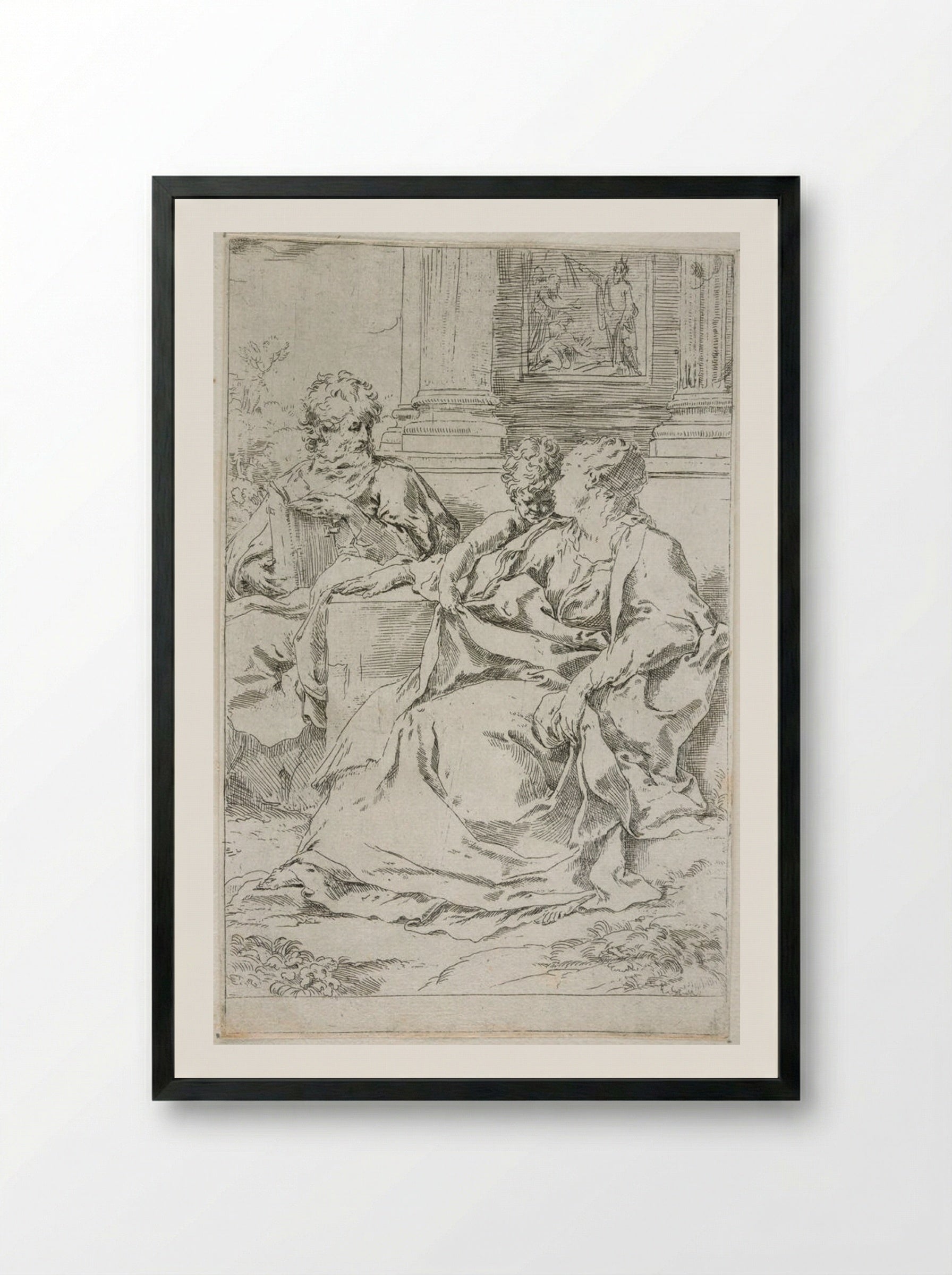 The Holy Family with Scriptural Scene in Background - Guido Reni - Framed Print Black