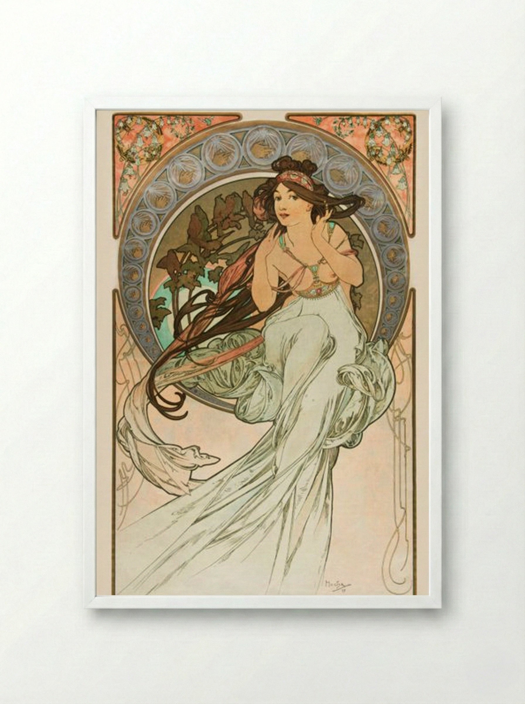 Music, from 'Les Arts' - Alphonse Mucha - Framed Print White