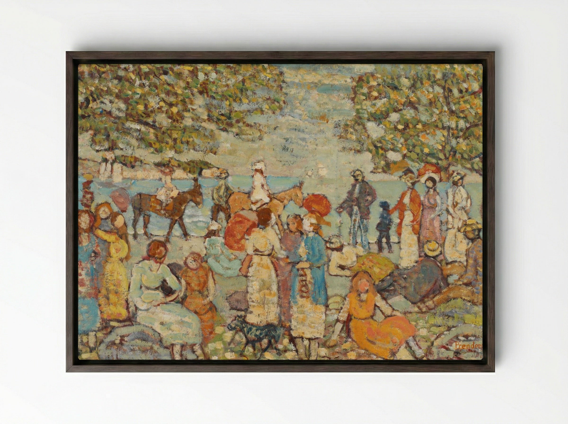 Beach Scene with Donkeys or Mules - Maurice Brazil Prendergast - Framed Canvas Dark Wood