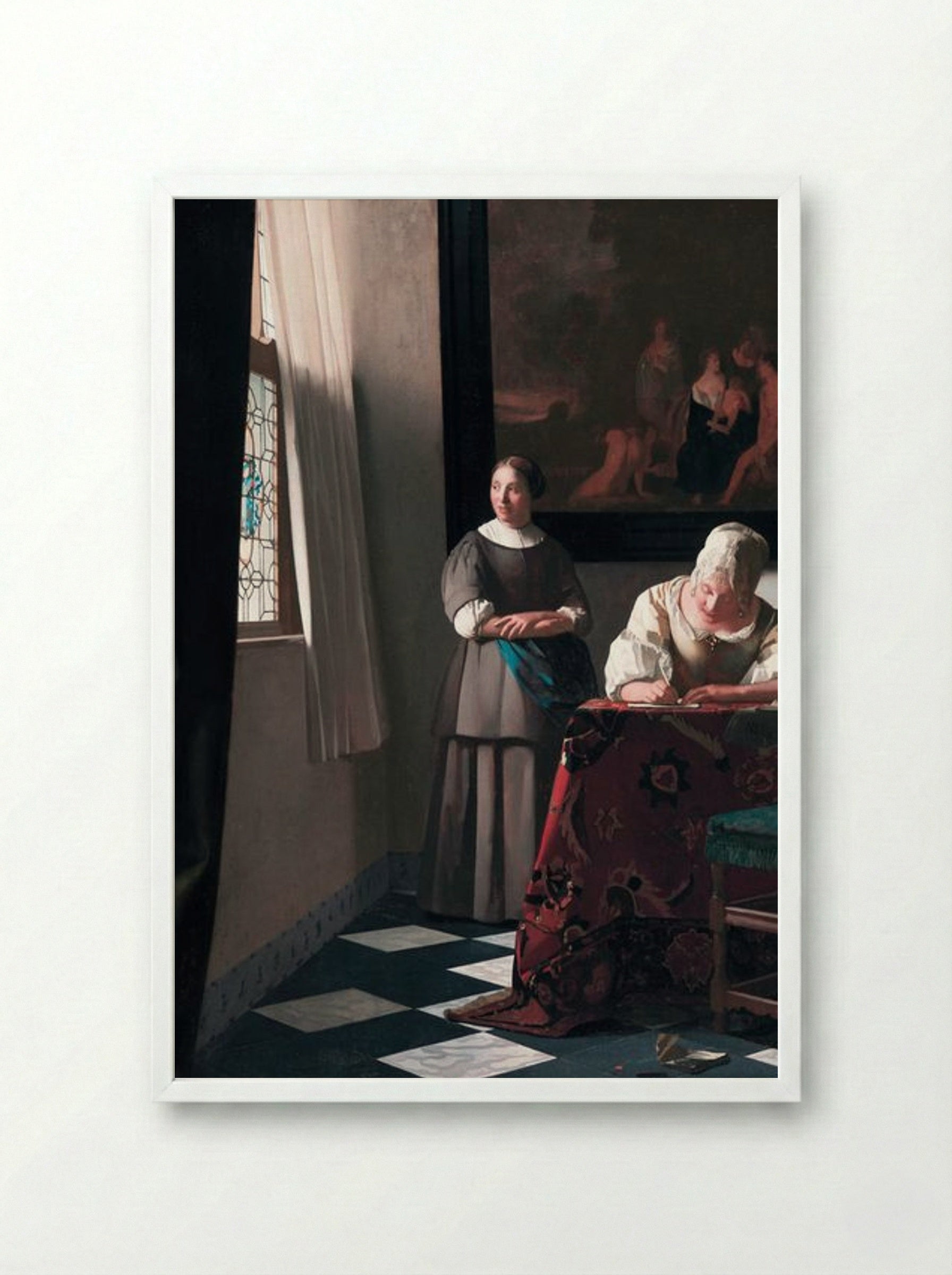 Lady Writing a Letter with her Maid - Johannes Vermeer - Framed Print White