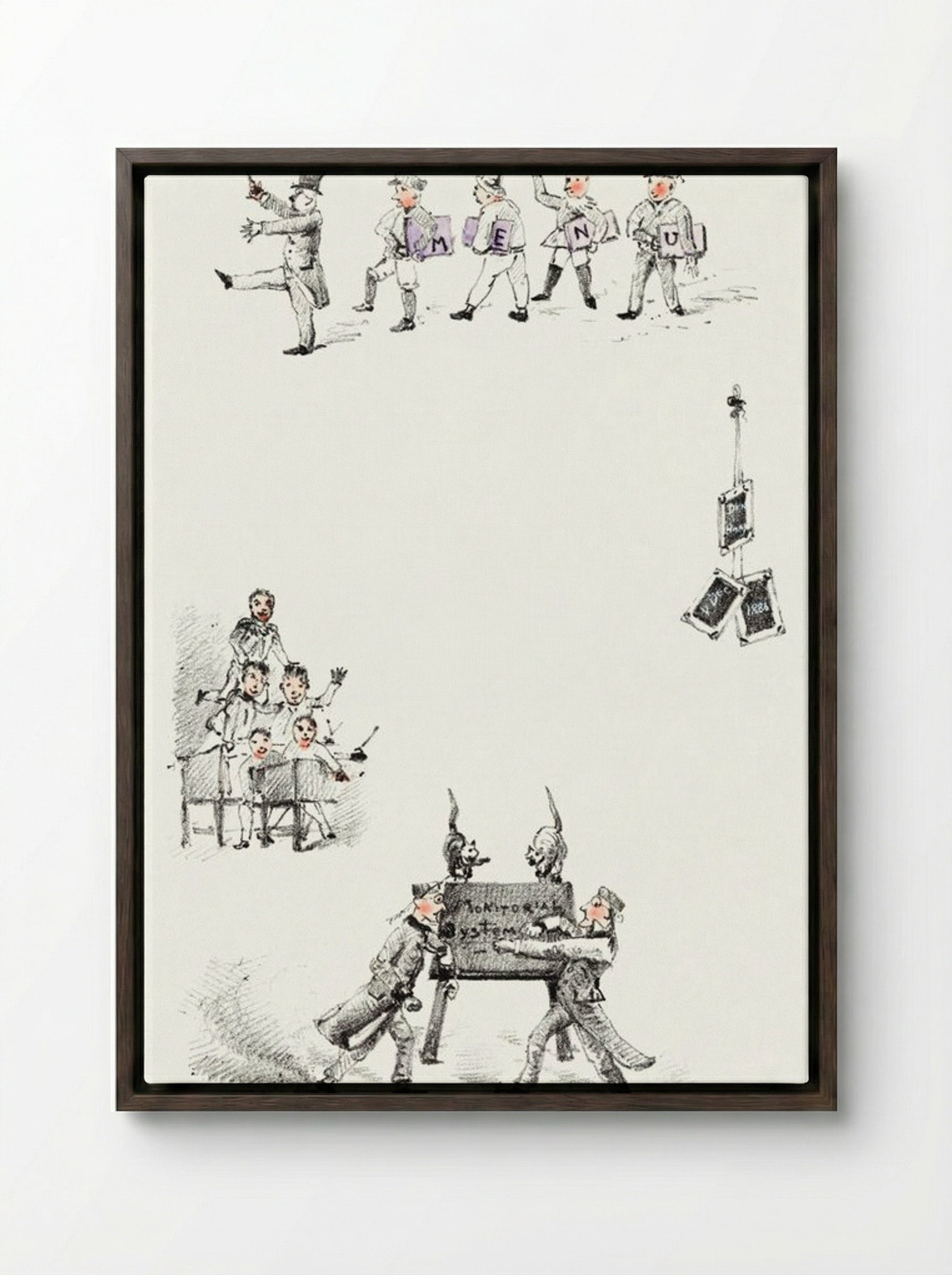 Menu Card with Teachers and Students - Theo van Hoytema - Framed Canvas Dark Wood