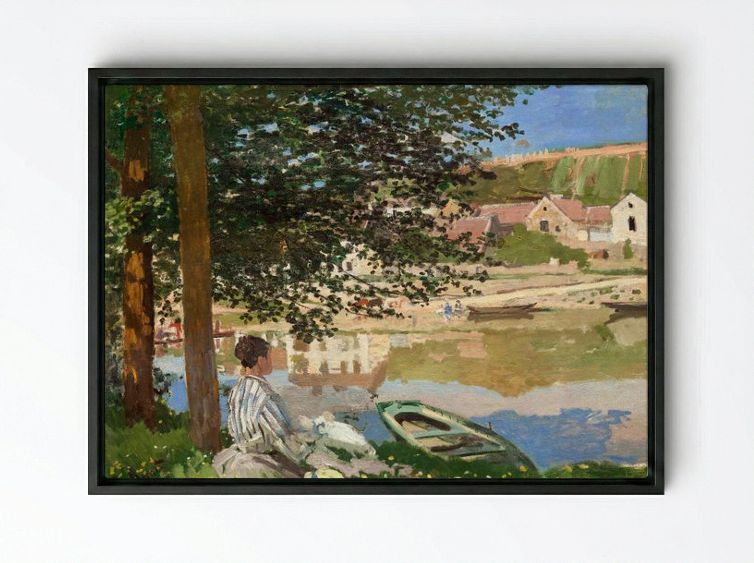 On the Bank of the Seine, Bennecourt - Claude Monet - Framed Canvas Black