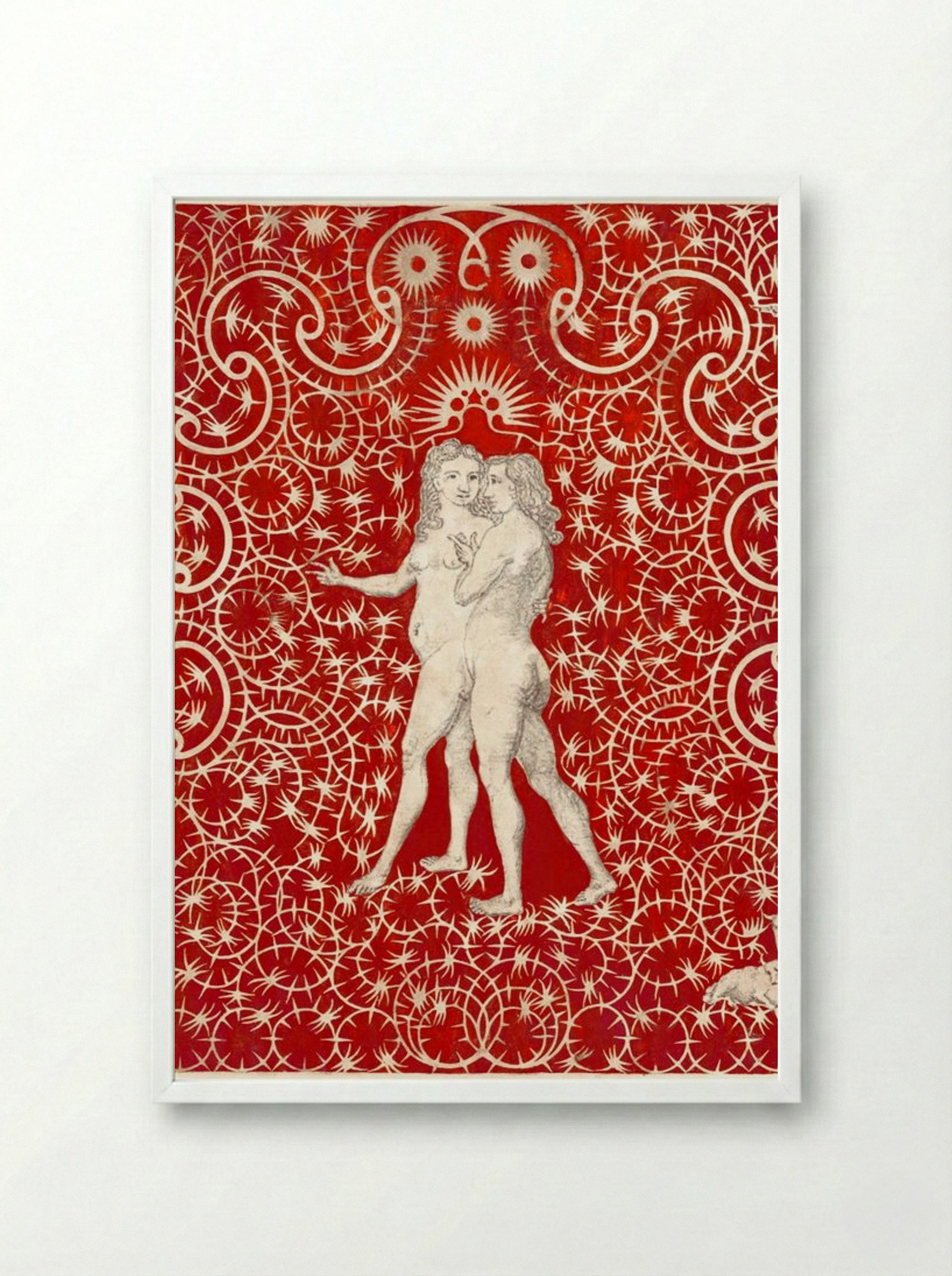 Adam and Eve in the Garden with a Pair of Sheep and a Pair of Doves - Fine Art Print - Framed Print White