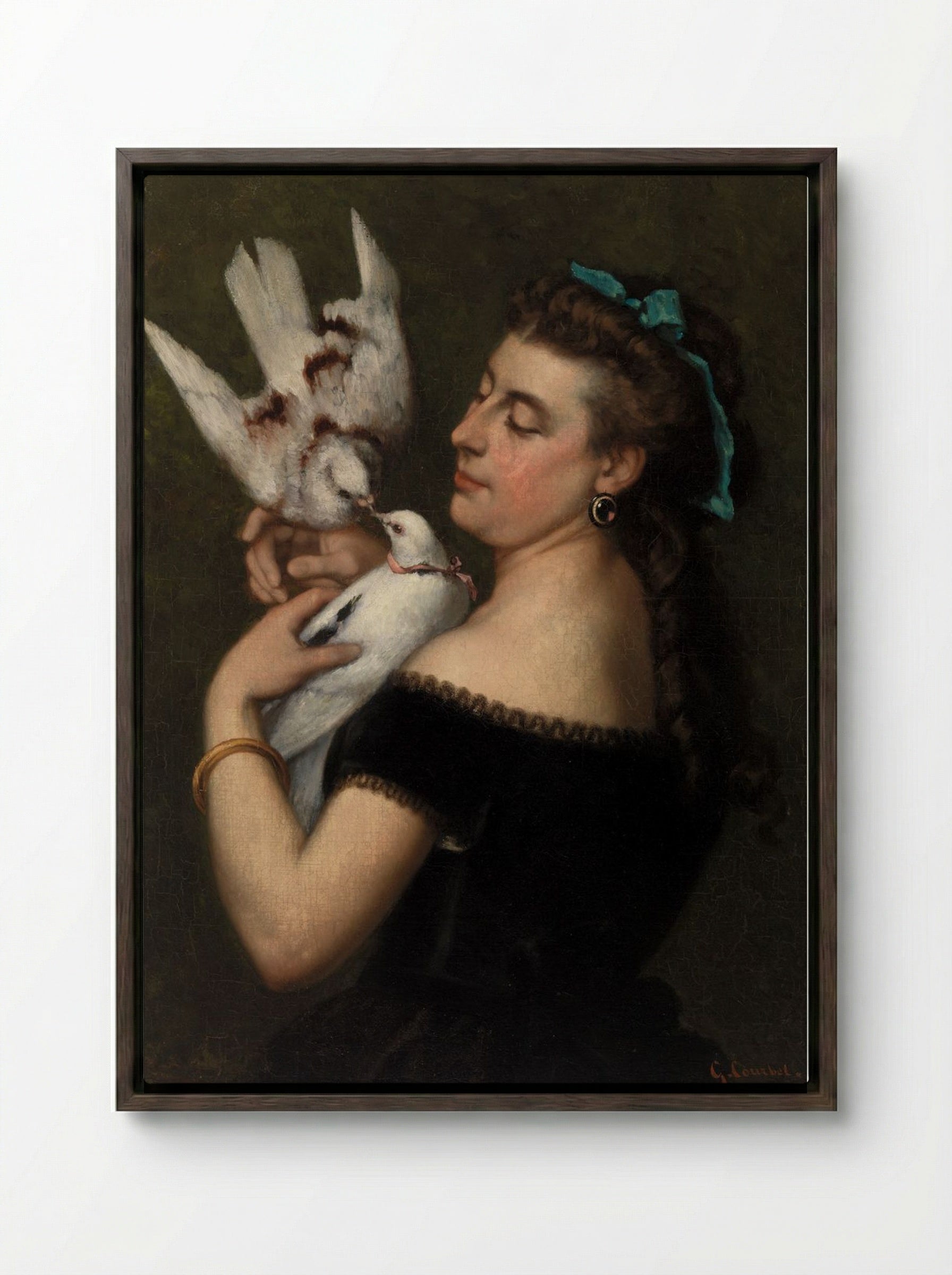 Woman with Pigeons - Gustave Courbet - Framed Canvas Dark Wood