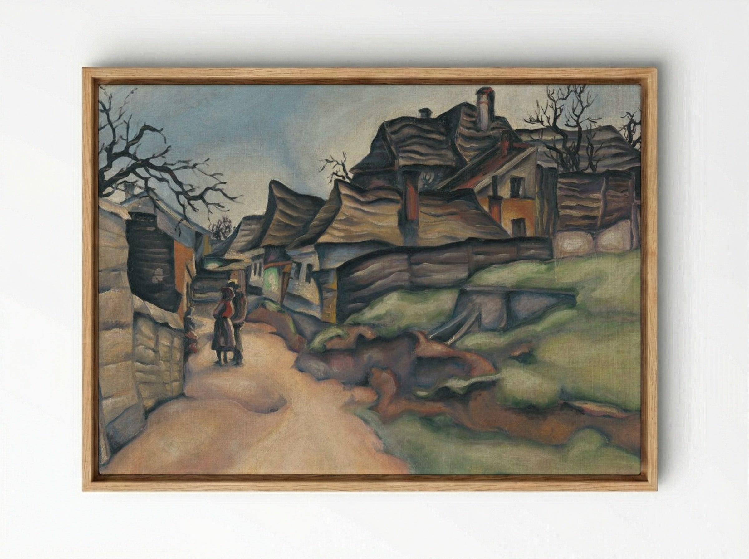Houses in the Village with Figures - Konstantin Bauer - Framed Canvas Wood