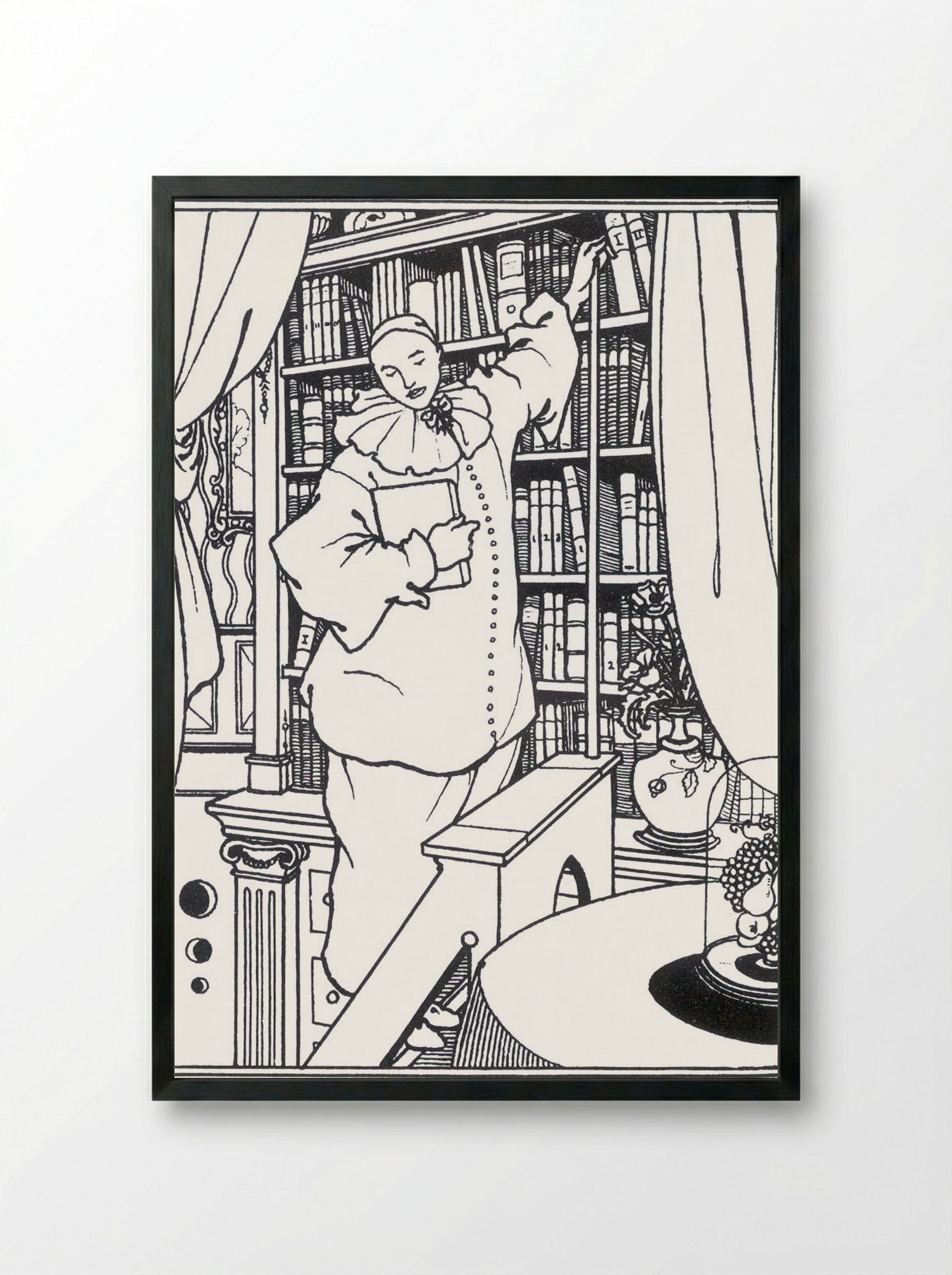 Pierrot in a Library - Aubrey Beardsley - Framed Print Black