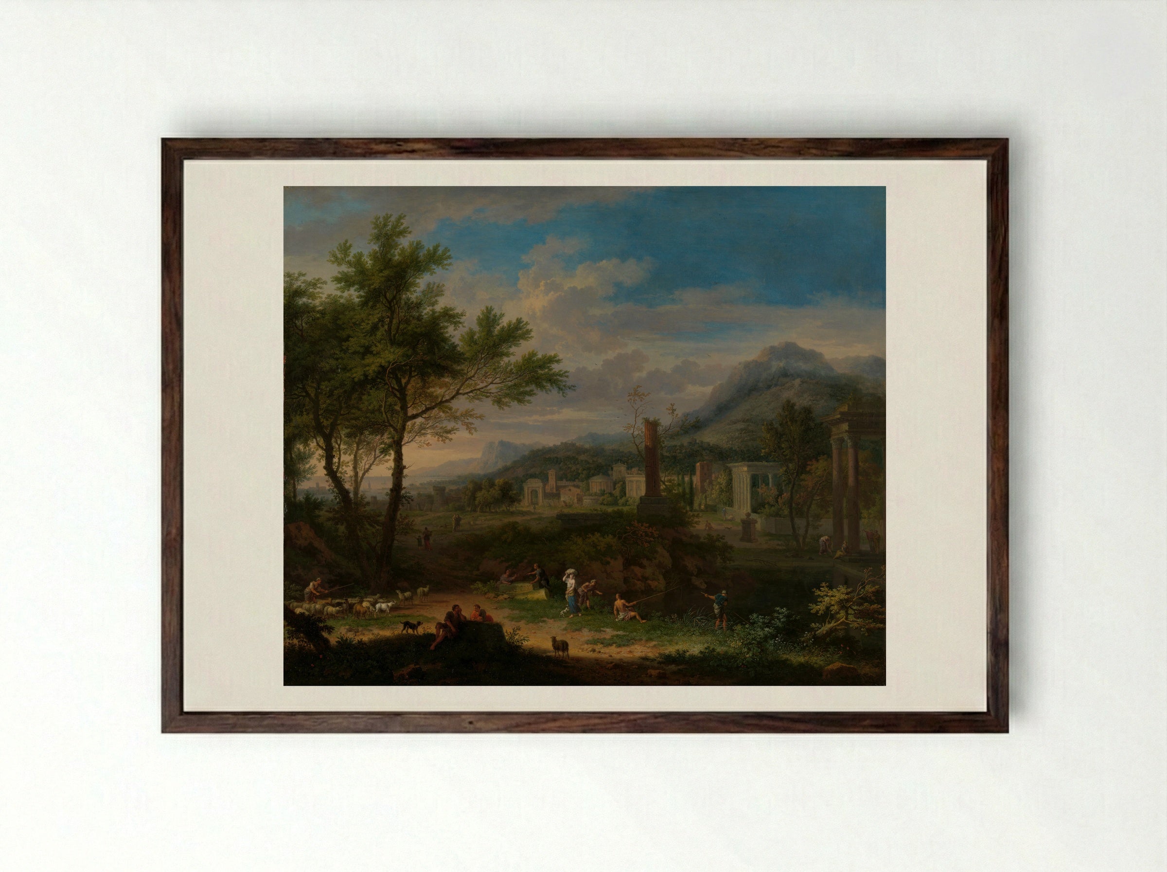 Arcadian Landscape with Fishermen - Jan van Huysum - Framed Print Dark Wood