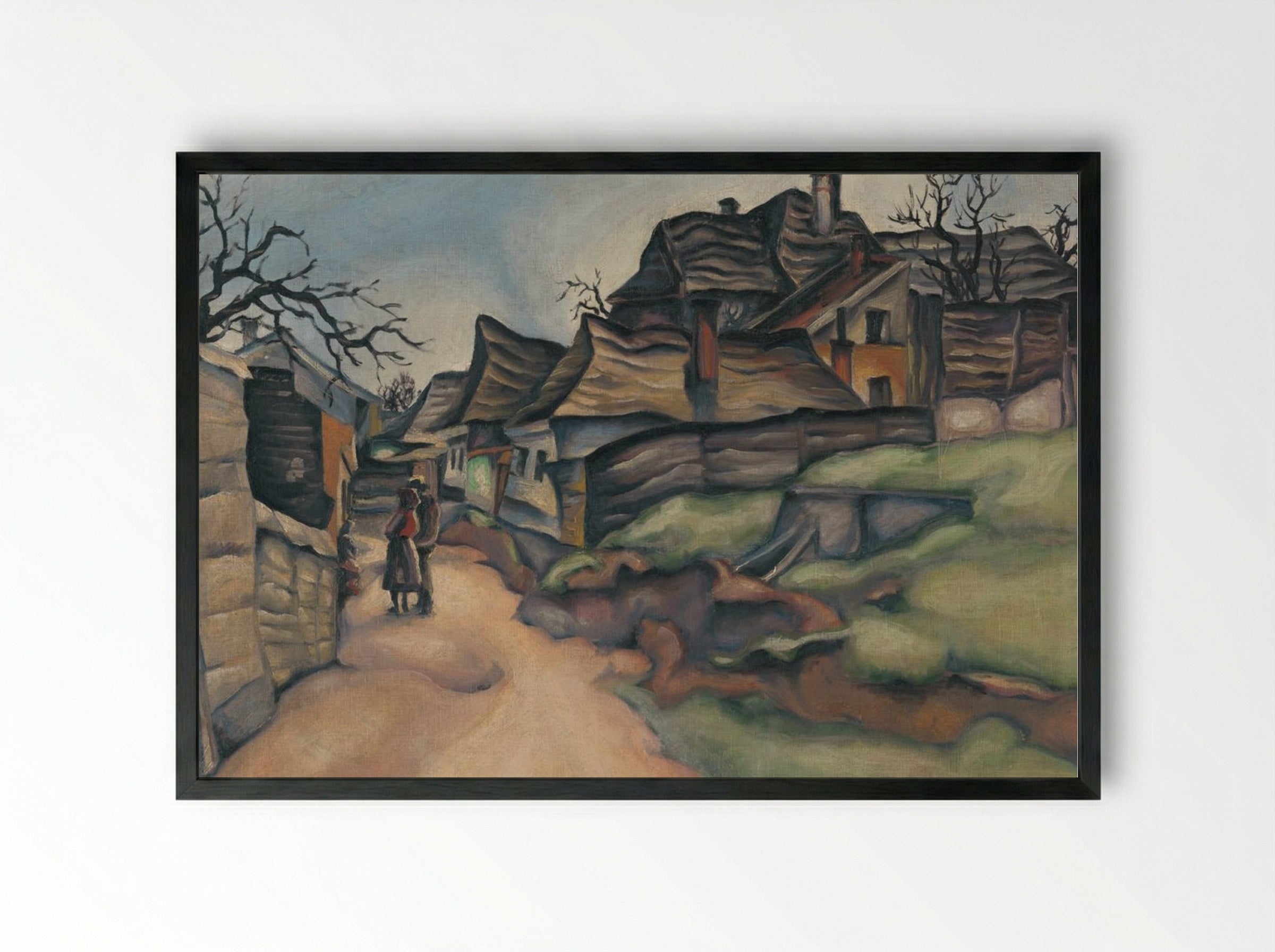 Houses in the Village with Figures - Konstantin Bauer - Framed Print Black