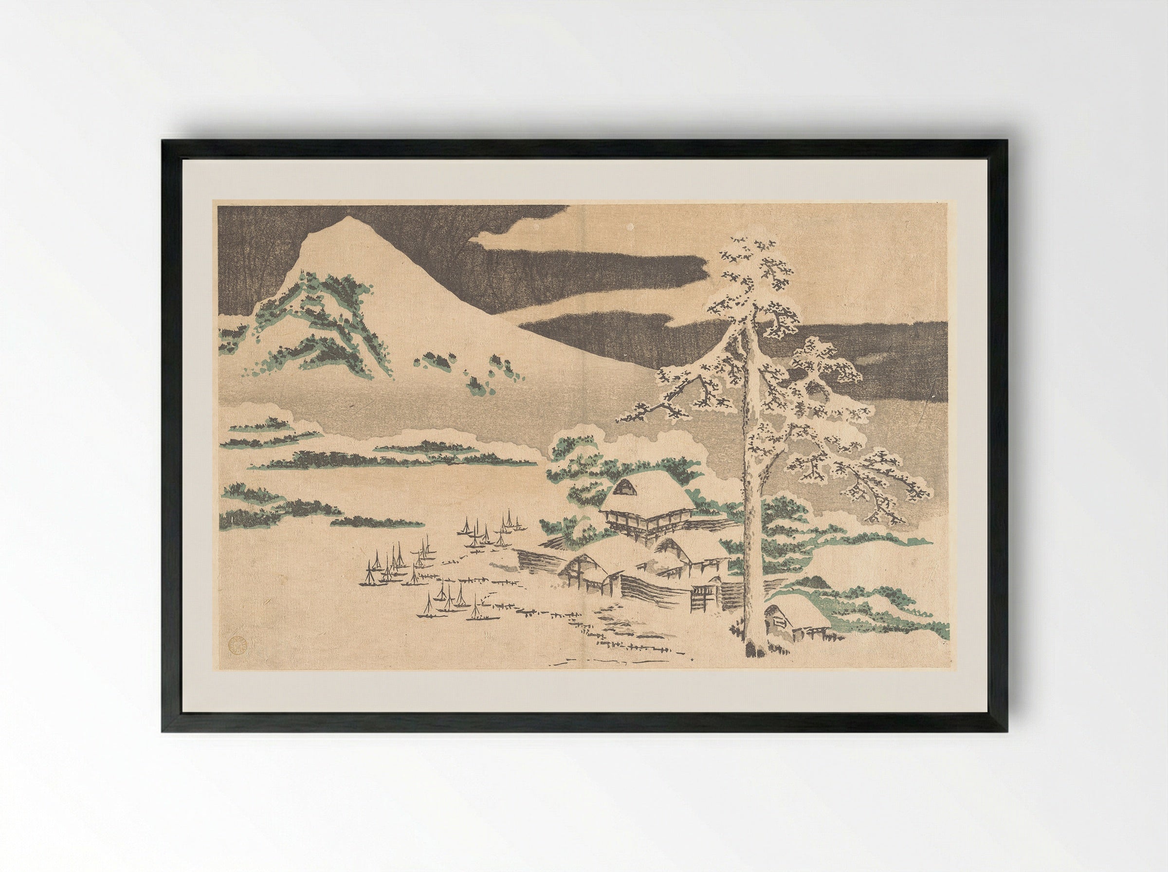 Seaside Village in Winter, from Hokusai’s Album of Realistic Pictures (Hokusai shashin gafu) - Katsushika Hokusai - Framed Print Black