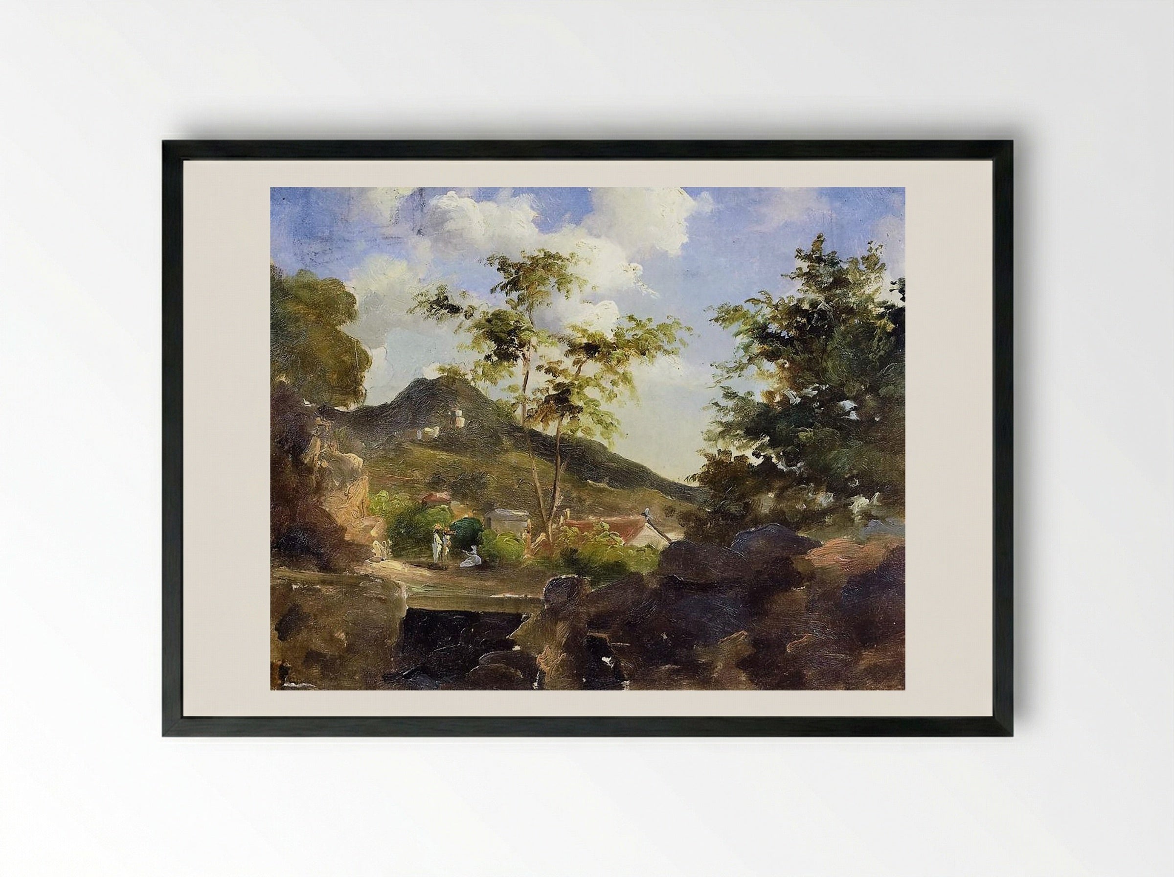 Village at the Foot of a Hill in Saint Thomas, Antilles - Camille Pissarro - Framed Print Black