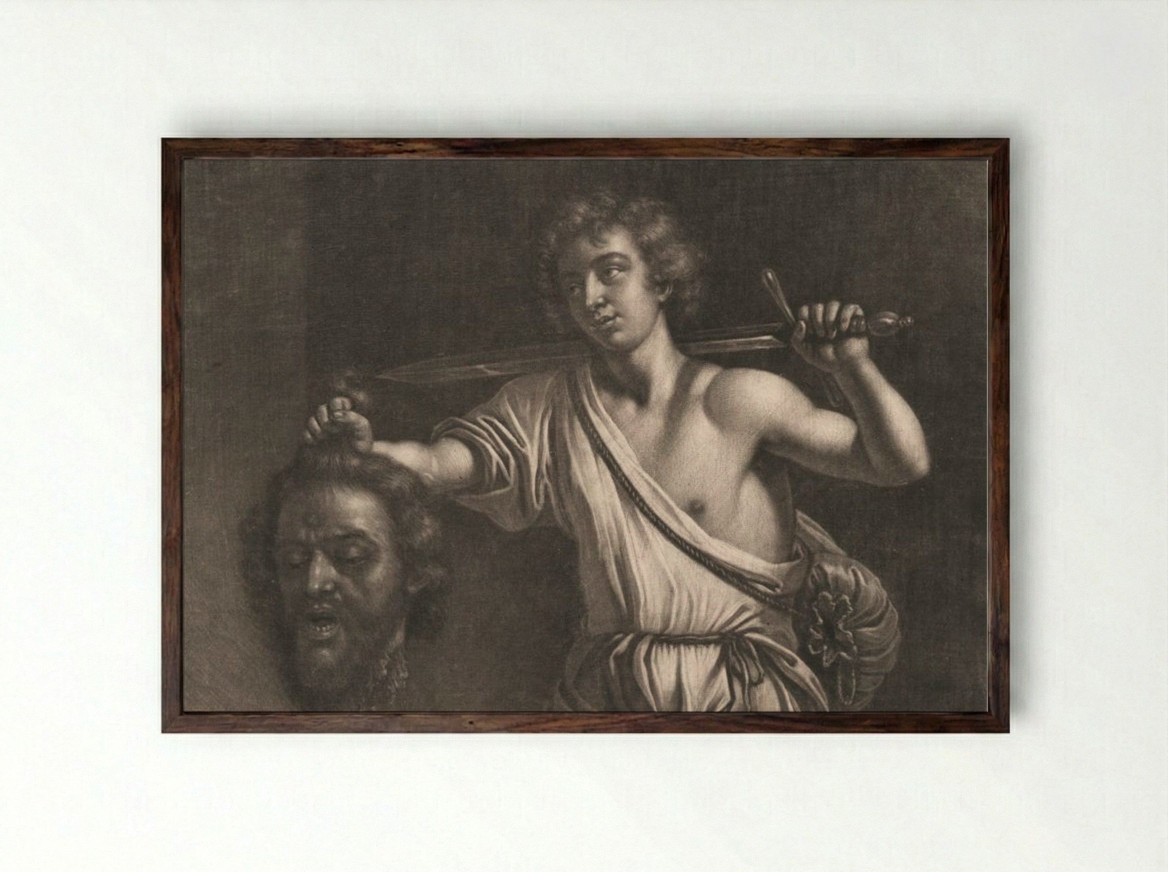 David with the Head of Goliath - Wallerant Vaillant - Framed Print Dark Wood