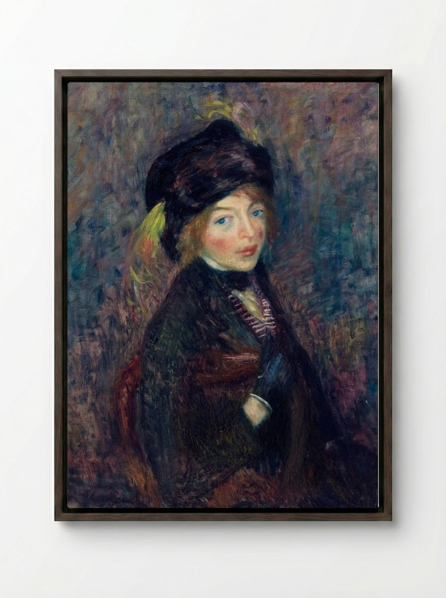 Head of Girl, Feather in Turban - William James Glackens - Framed Canvas Dark Wood