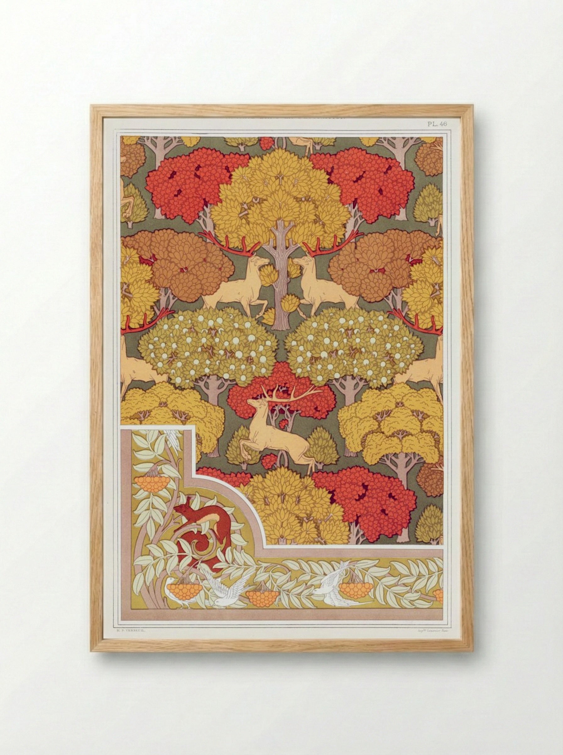 Cerfs et Arbres (Wallpaper Design with Deer and Trees) - Maurice Pillard Verneuil - Framed Print Wood