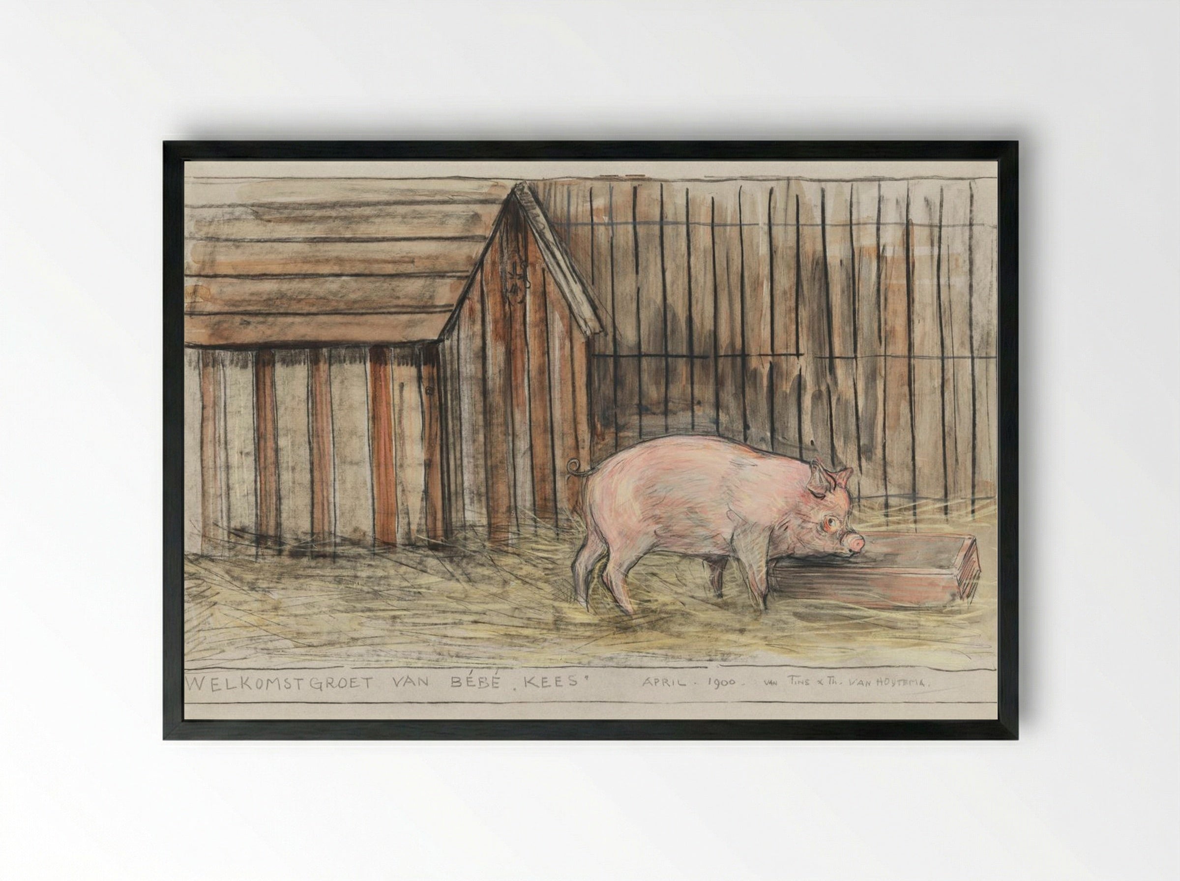 Varken Voor zijn kot bij een trog (Pig Before its Pen by a Trough) - Theo van Hoytema - Framed Print Black