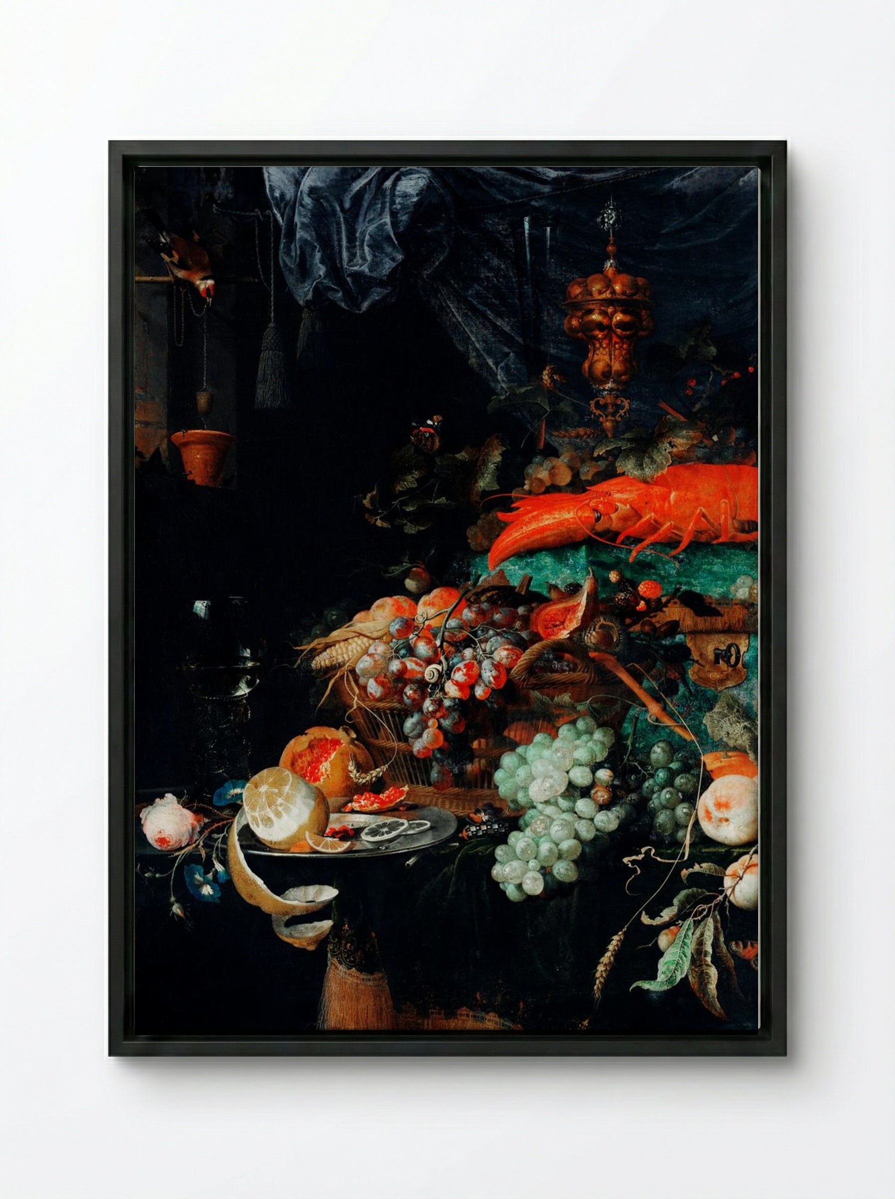 Fruits and Lobster - Abraham Mignon - Framed Canvas Black