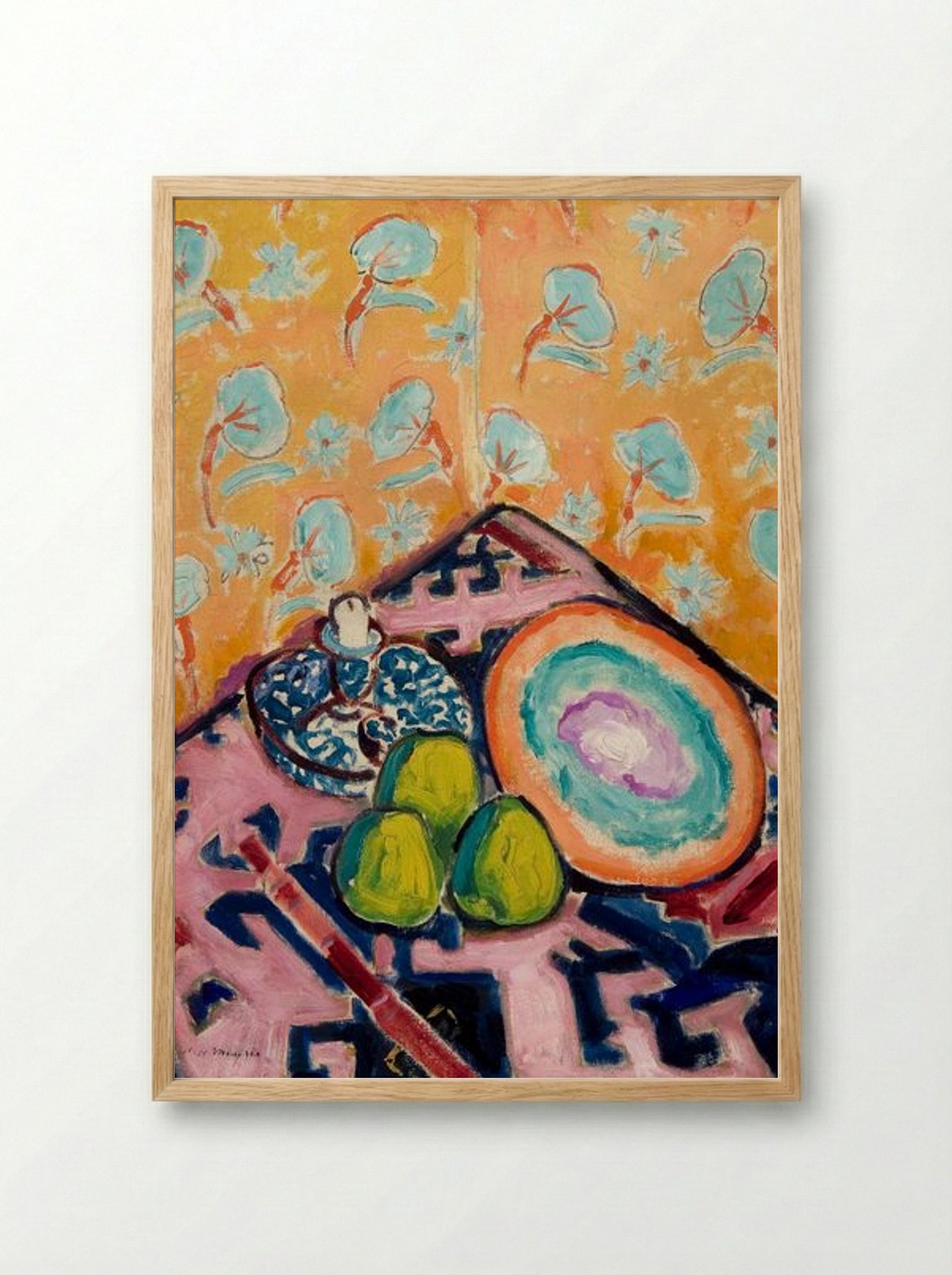 Still Life with Fruit and Patterned Background - Alfred Henry Maurer - Framed Print Wood