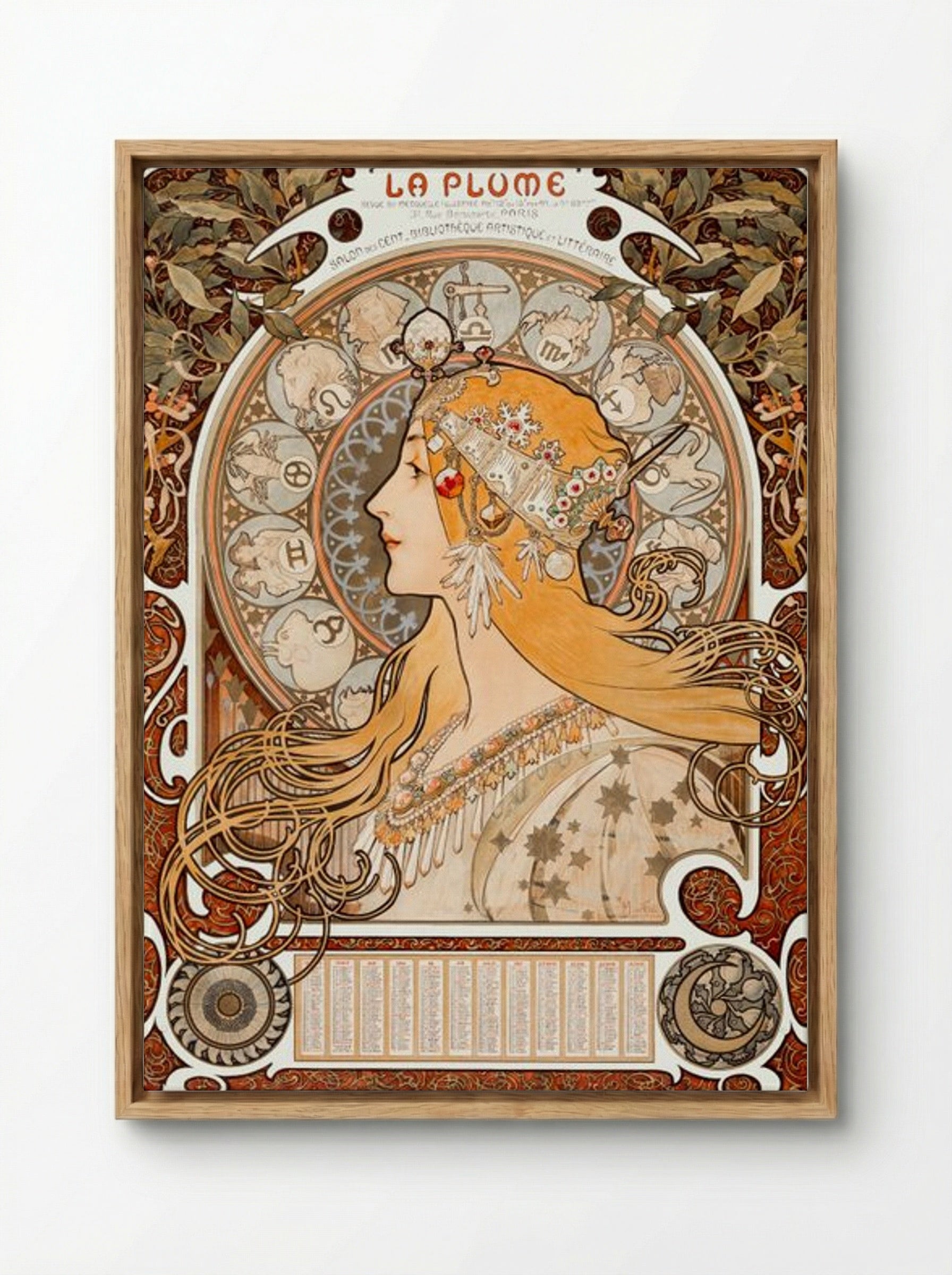 Zodiaque (La Plume) - Alphonse Mucha - Framed Canvas Wood