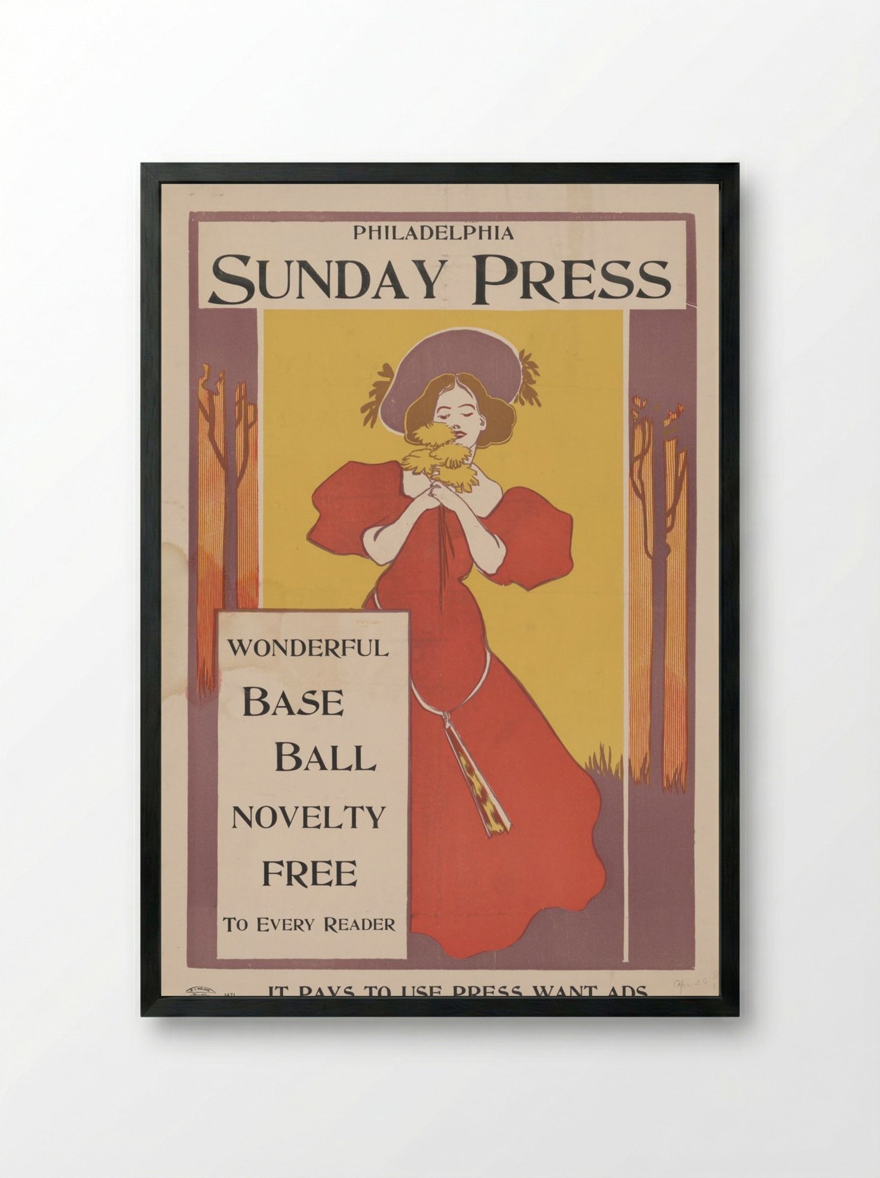 Philadelphia Sunday Press Baseball Novelty Advertisement - Fine Art Print - Framed Print Black