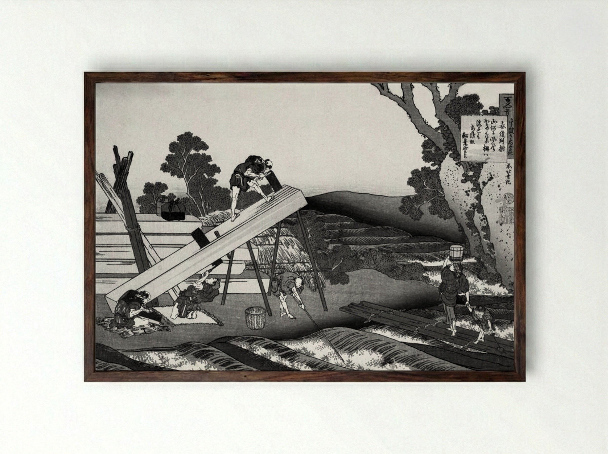 Sawyers Cutting a Log - Katsushika Hokusai - Framed Print Dark Wood