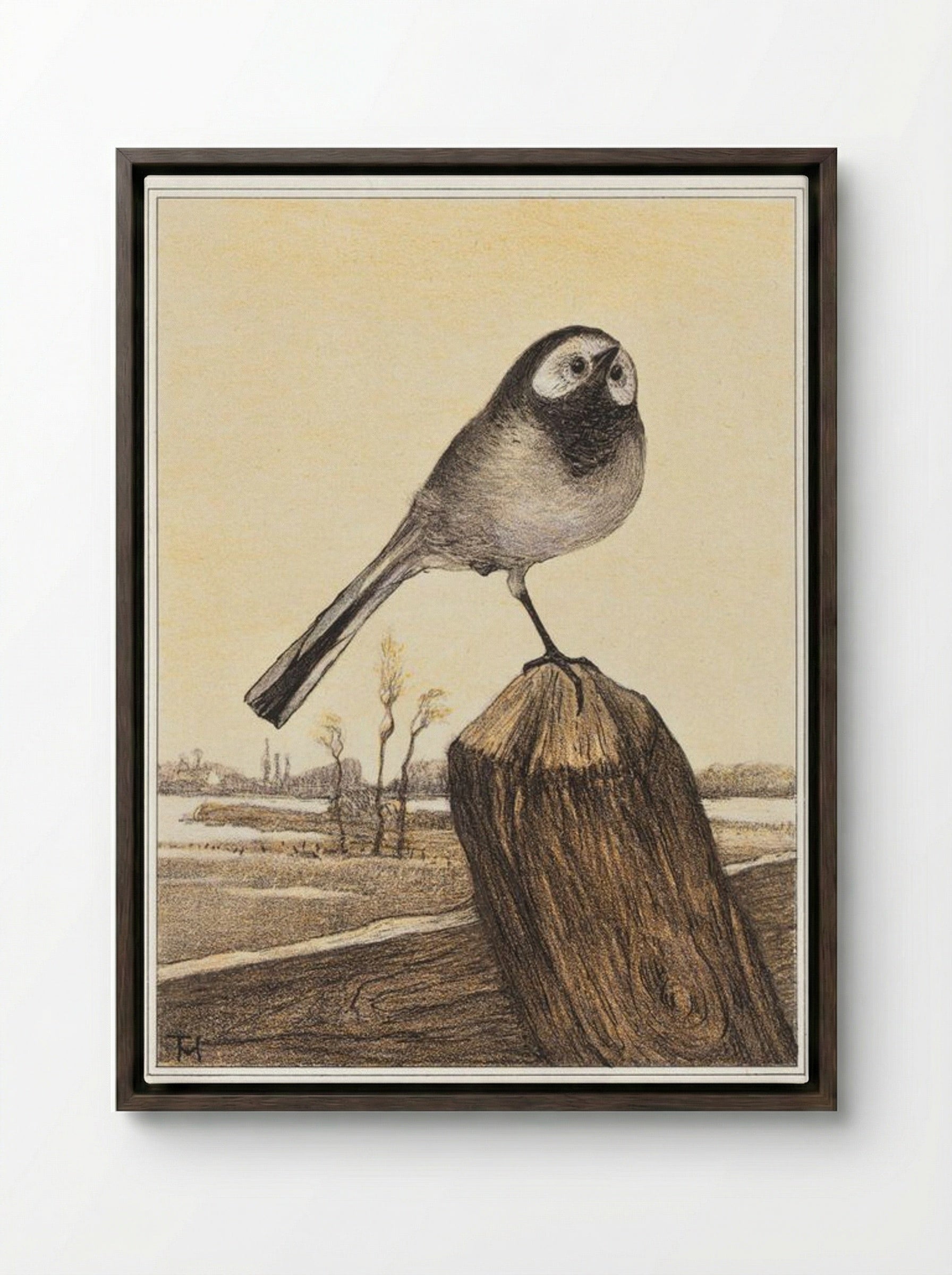 Kwikstaart op paal (Wagtail on a Post) - Theo van Hoytema - Framed Canvas Dark Wood