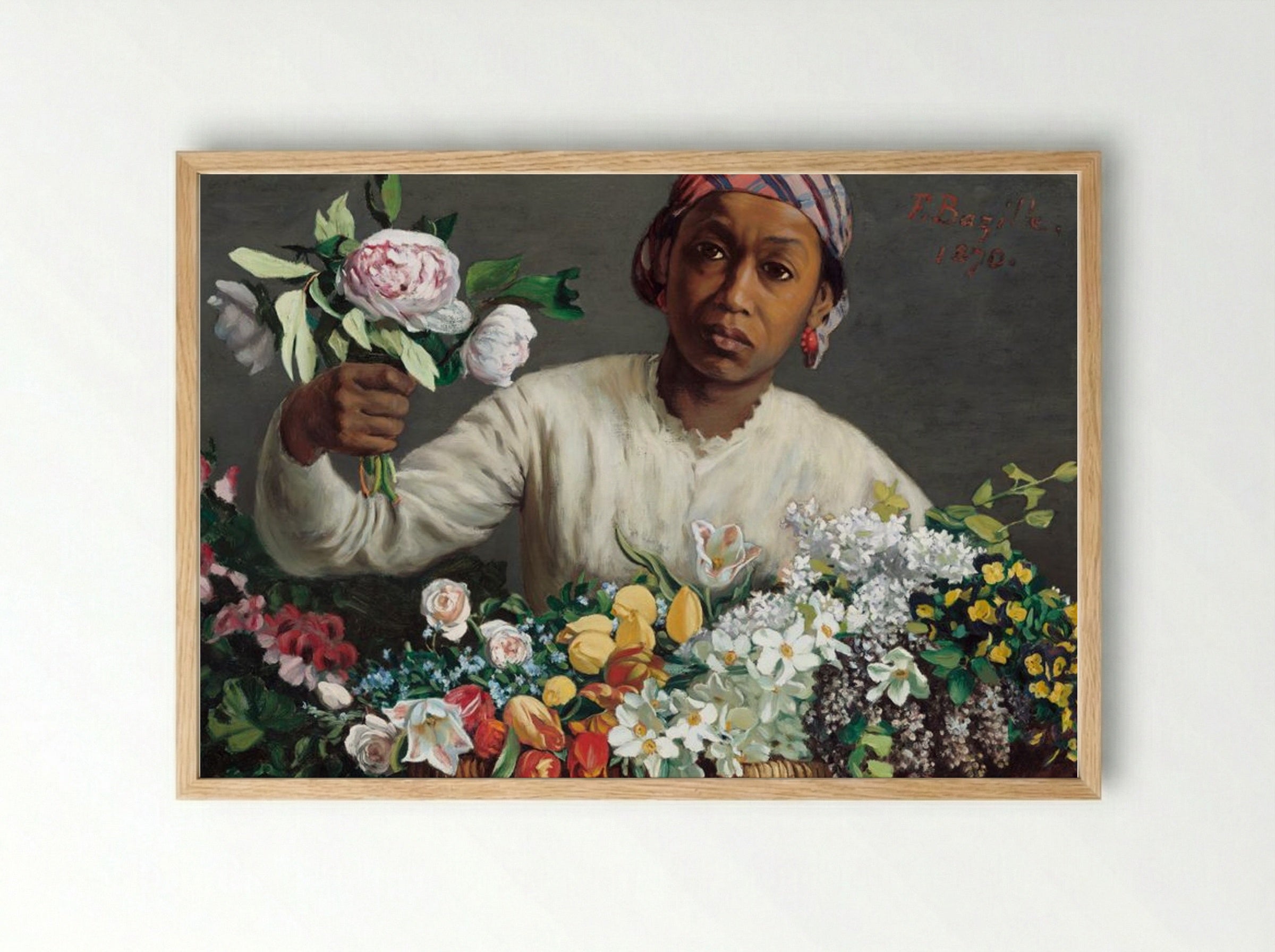Young Woman with Peonies - Frédéric Bazille - Framed Print Wood