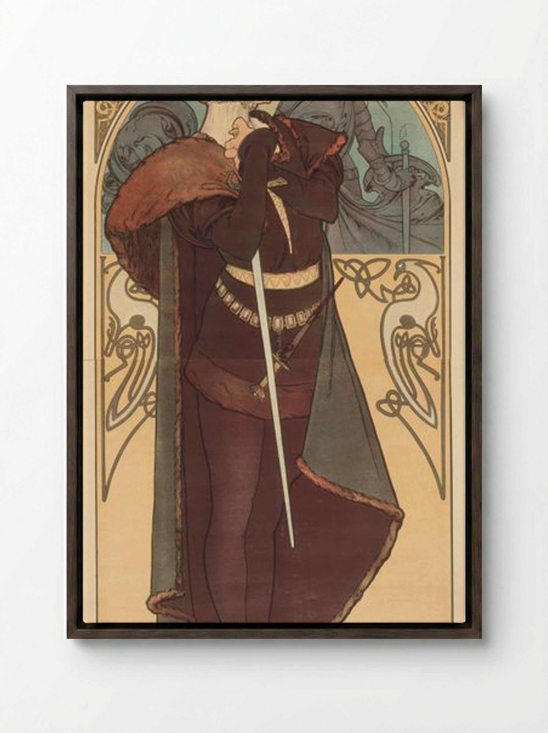 Hamlet, Sarah Bernhardt - Alphonse Mucha - Framed Canvas Dark Wood