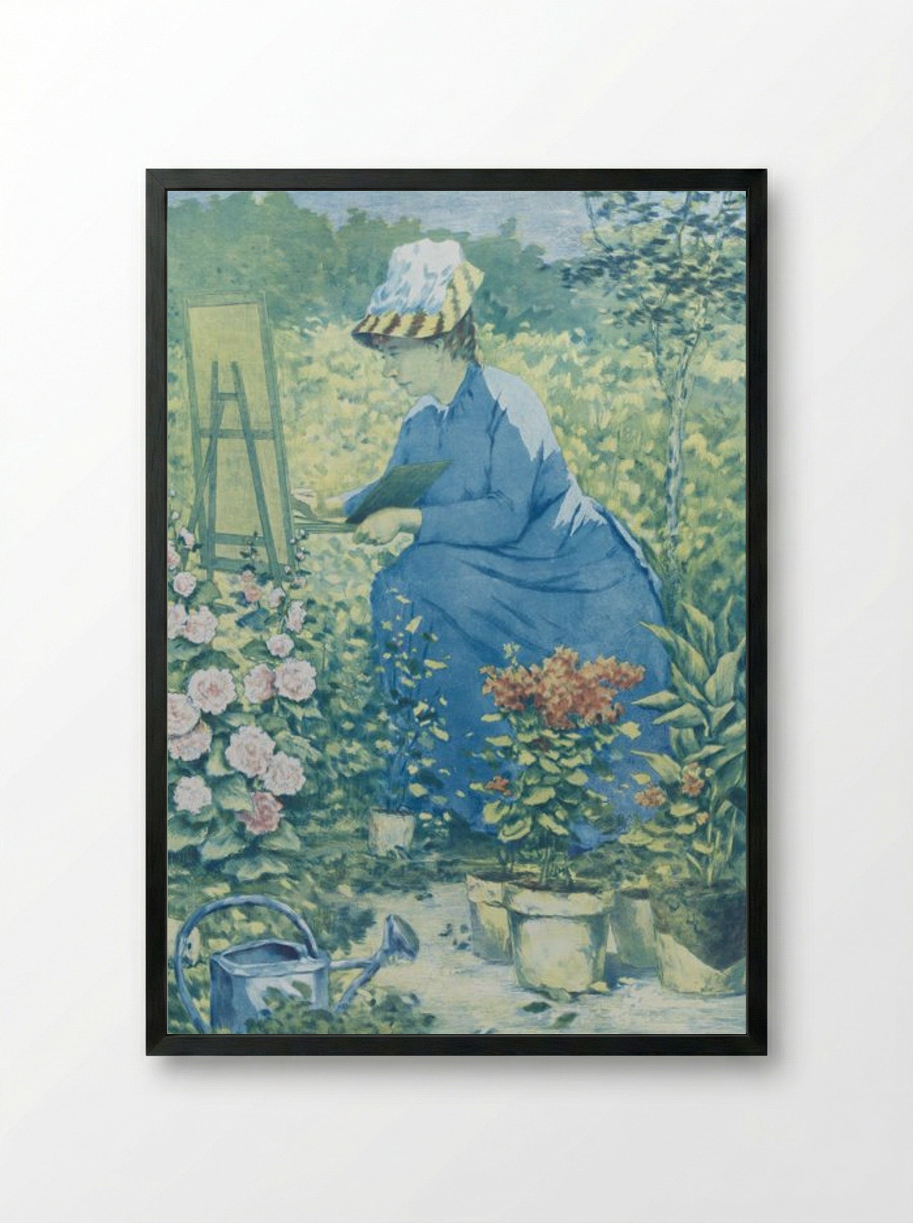 Jeanne Gonzales Painting in the Garden - Henri-Charles Guérard - Framed Print Black