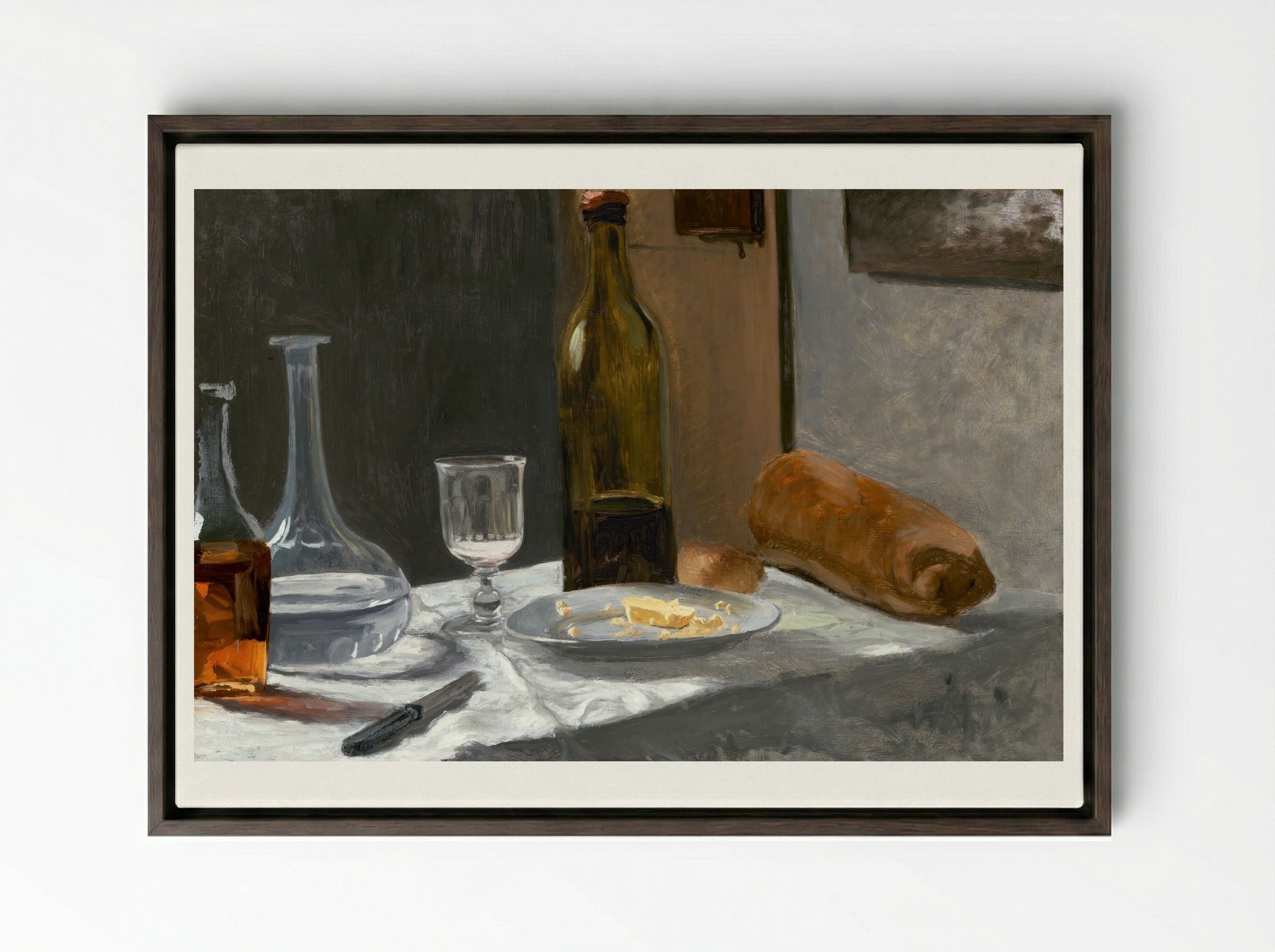 Still Life with Bottle, Carafe, Bread, and Wine - Claude Monet - Framed Canvas Dark Wood
