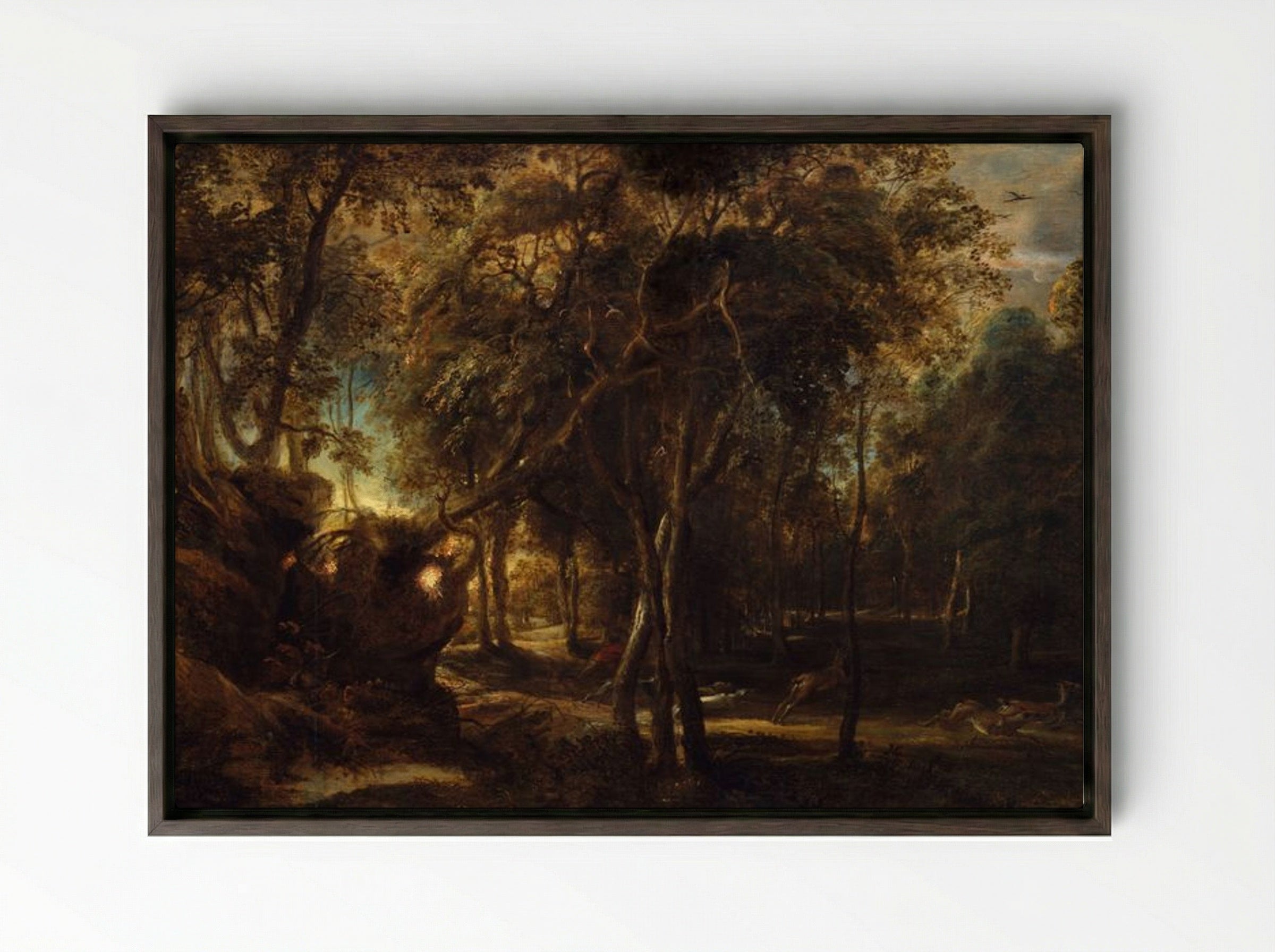 A Forest at Dawn with a Deer Hunt - Peter Paul Rubens - Framed Canvas Dark Wood