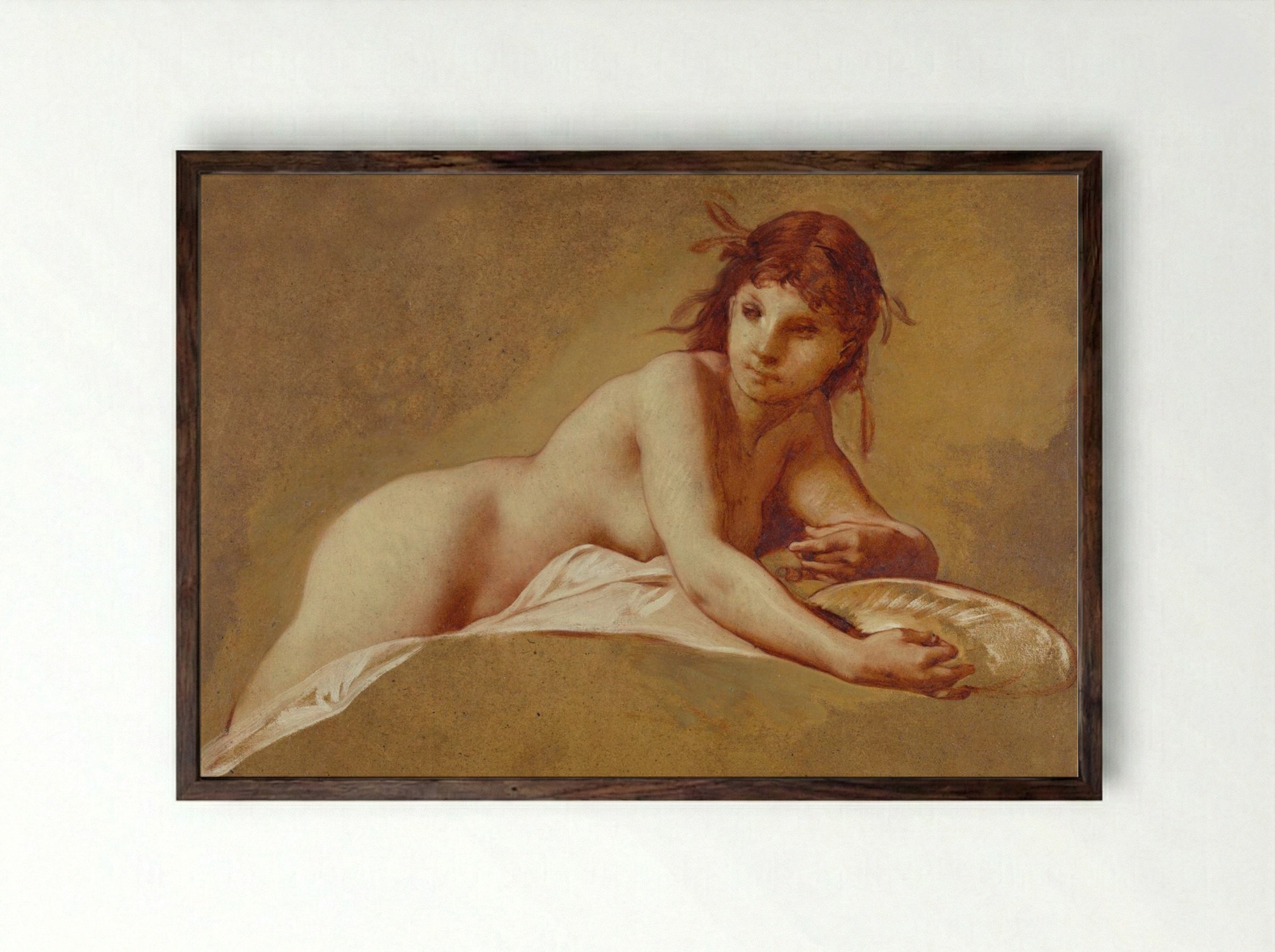 Reclining Nude with Seashell - Pierre-Victor Galland - Framed Print Dark Wood