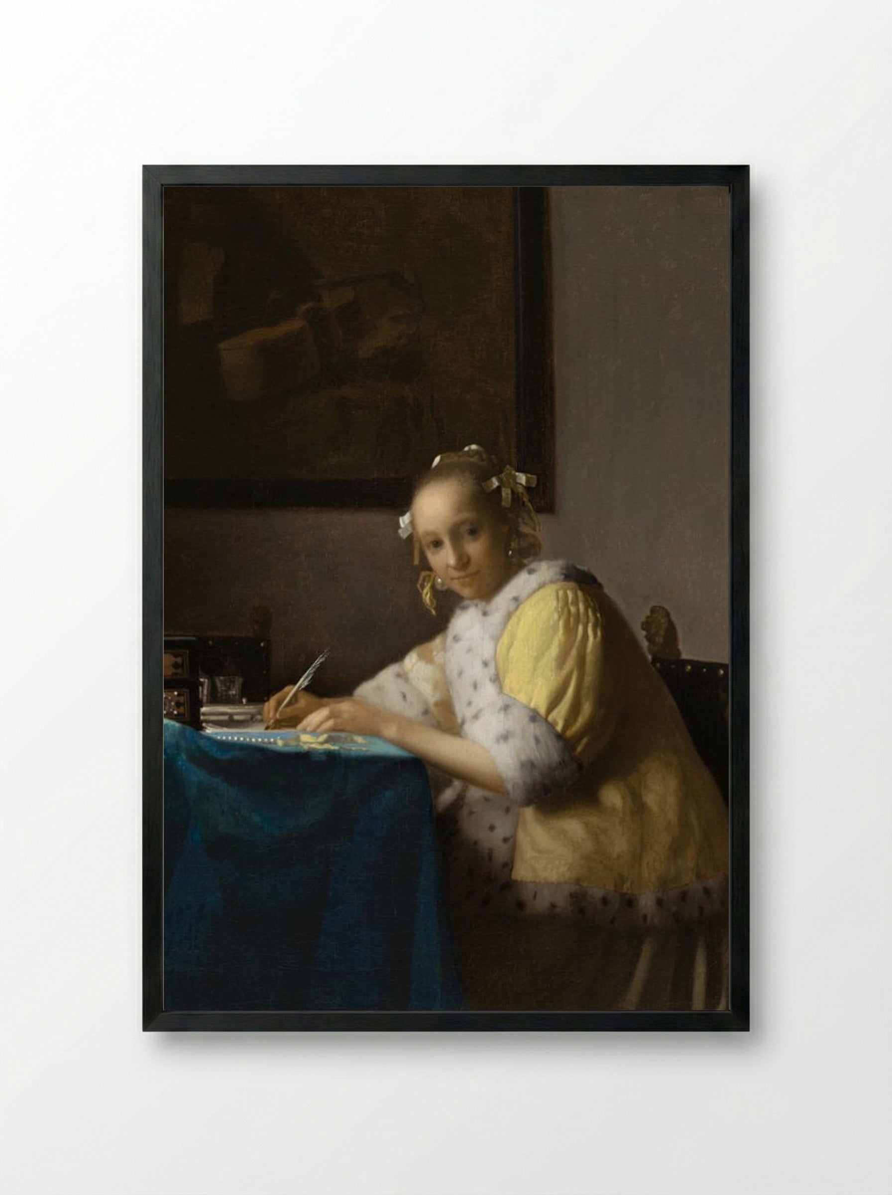 A Lady Writing a Letter - Johannes Vermeer - Framed Print Black
