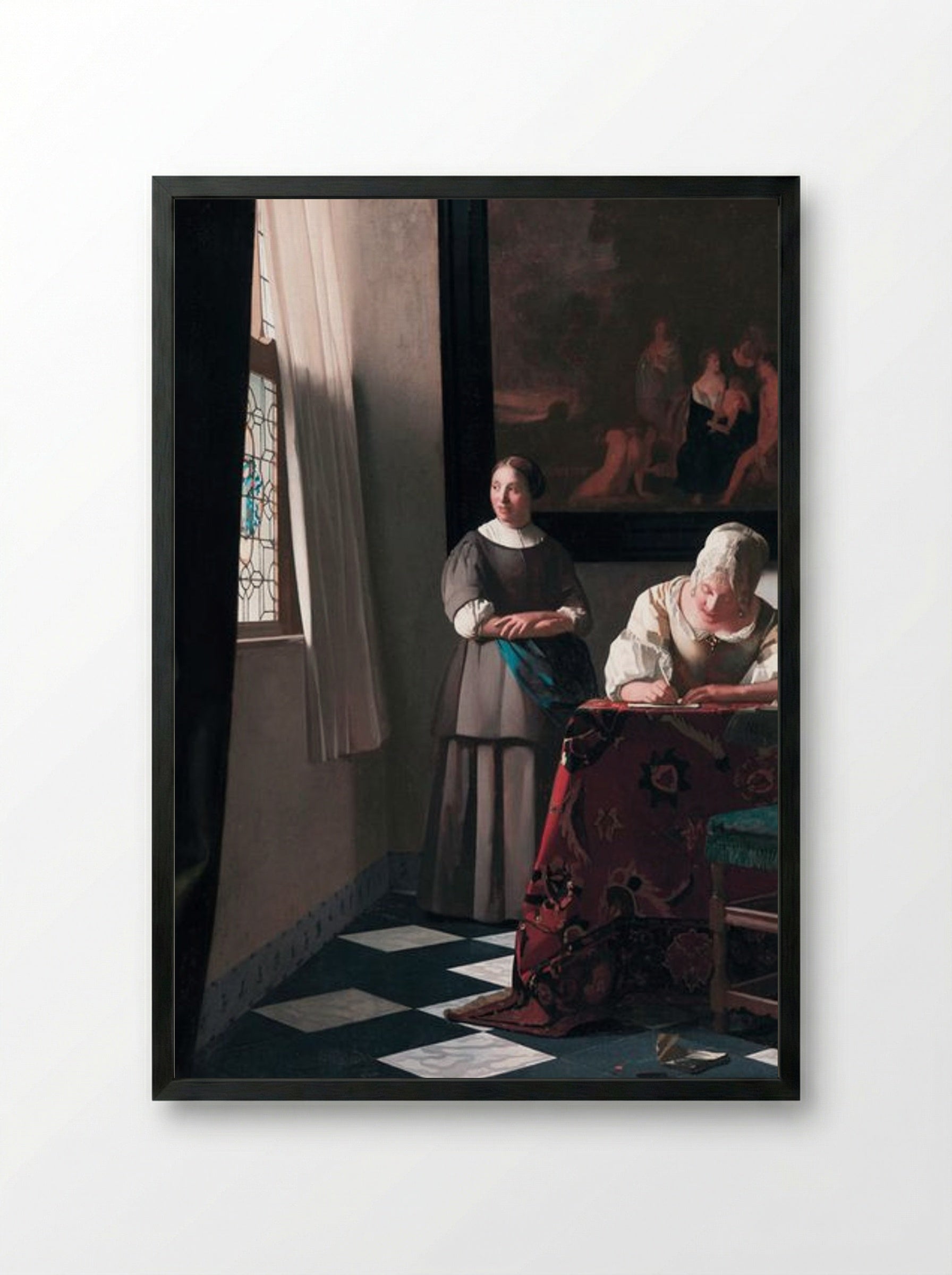 Lady Writing a Letter with her Maid - Johannes Vermeer - Framed Print Black