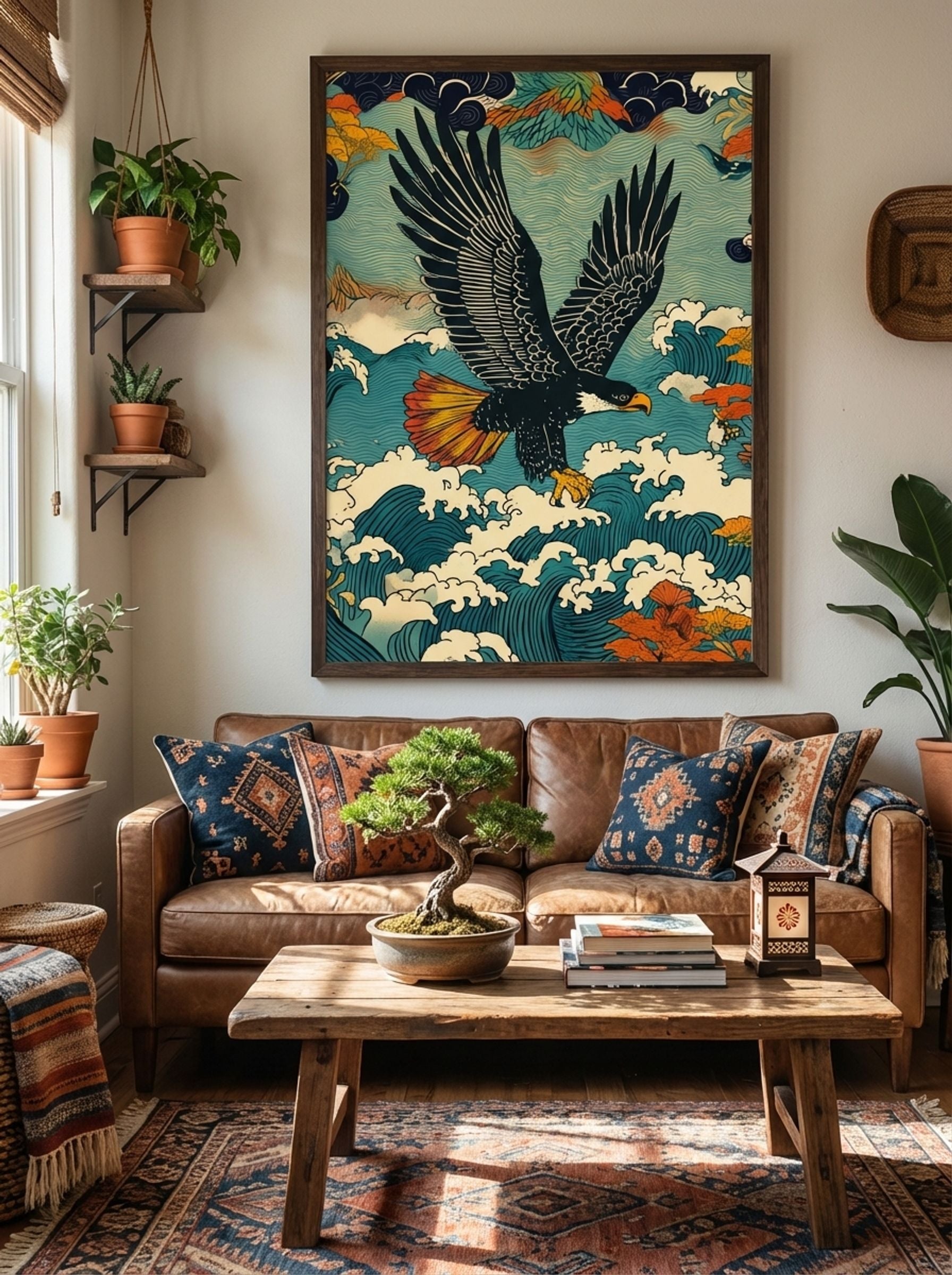 Eagle Above Waves and Blossoms - Japanese Tattoo Style Print - Lifestyle