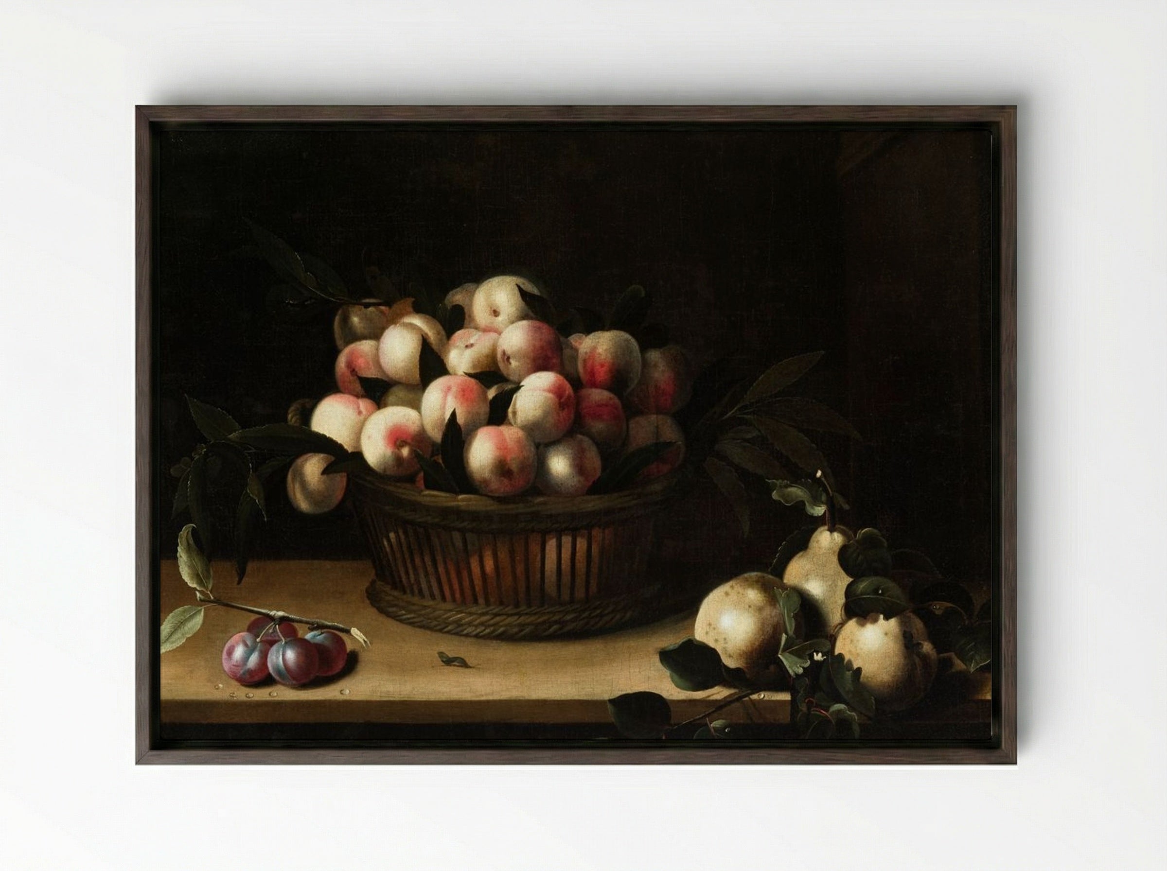Basket of Peaches with Quinces and Plums - Louise Moillon - Framed Canvas Dark Wood