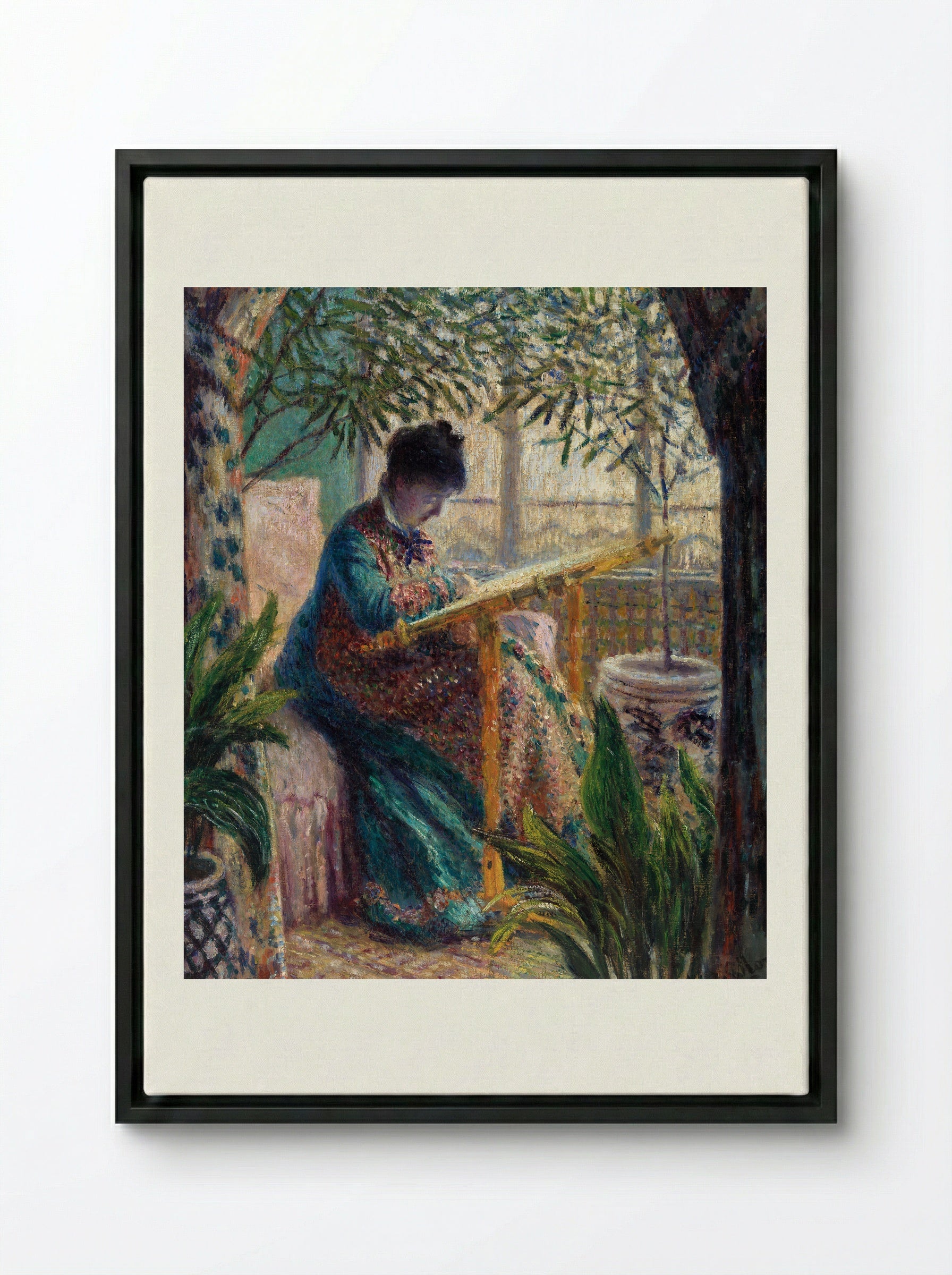 Madame Monet Embroidering - Claude Monet - Framed Canvas Black
