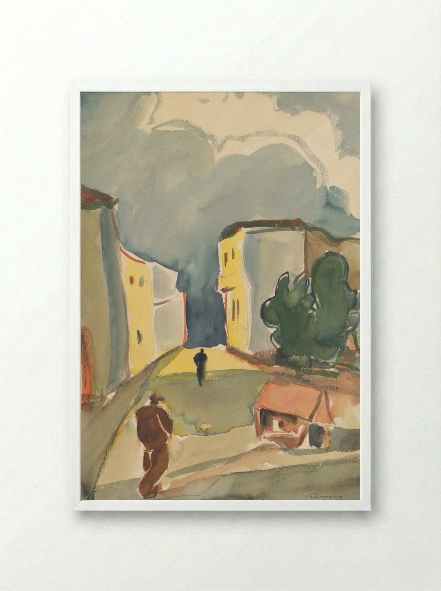 Two Pedestrians in a Townscape - Zolo Palugyay - Framed Print White