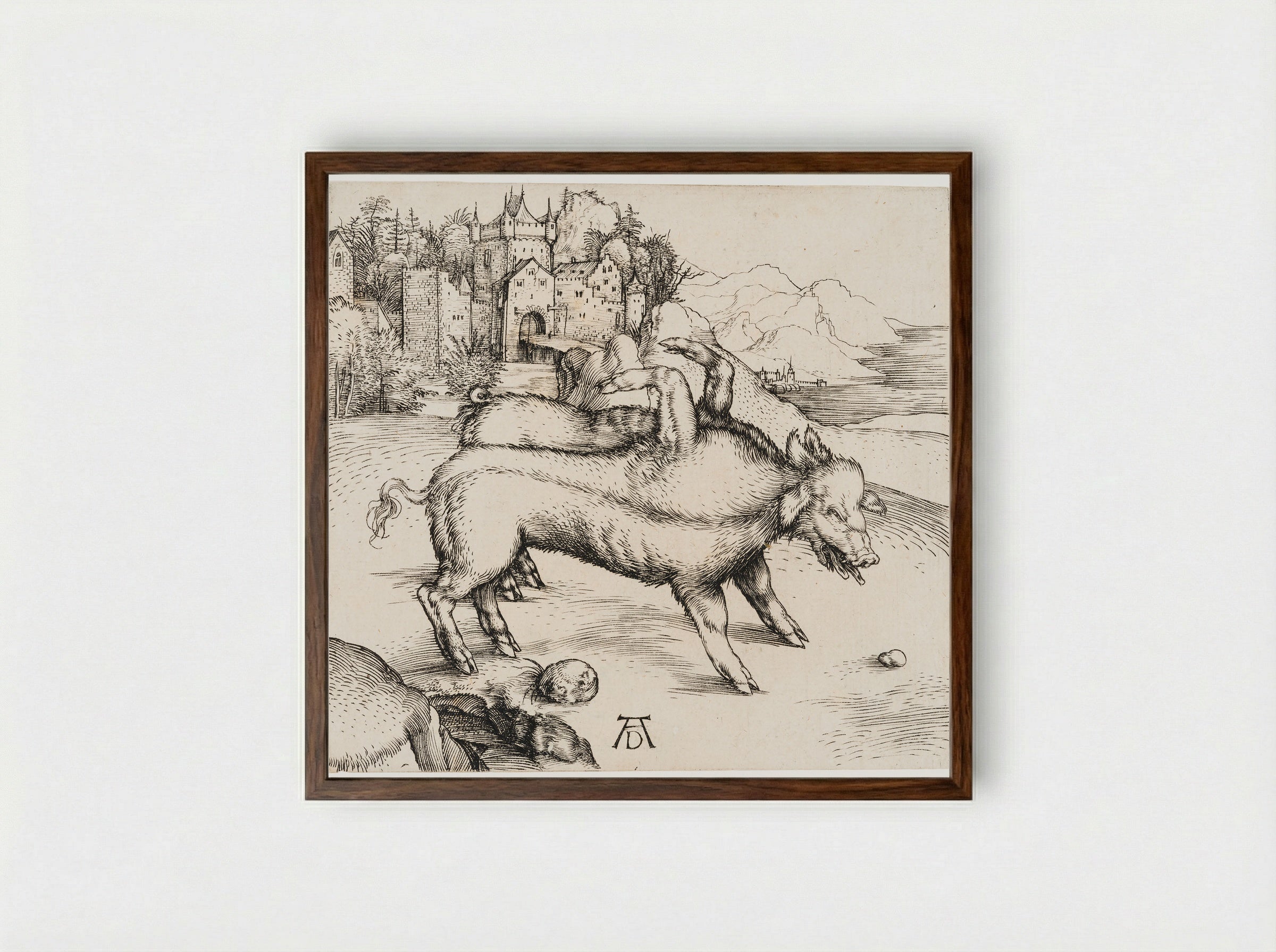 The Monstrous Sow of Landser - Albrecht Dürer - Framed Print Dark Wood