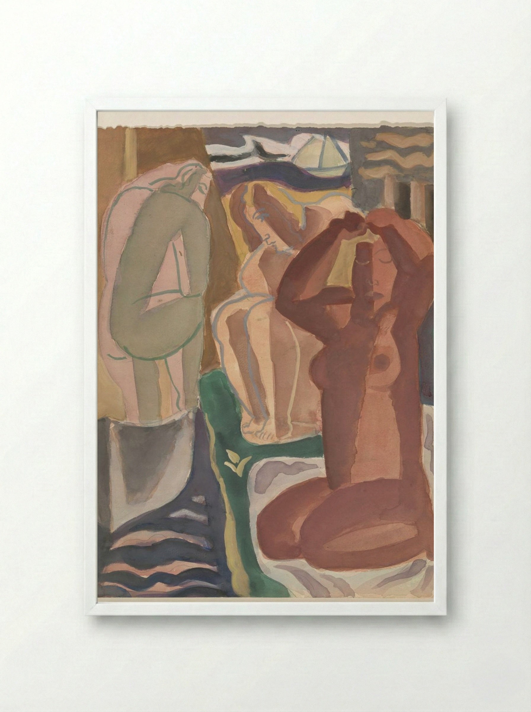 Two Bathing Women and a Figure from the Back - Leo Gestel - Framed Print White